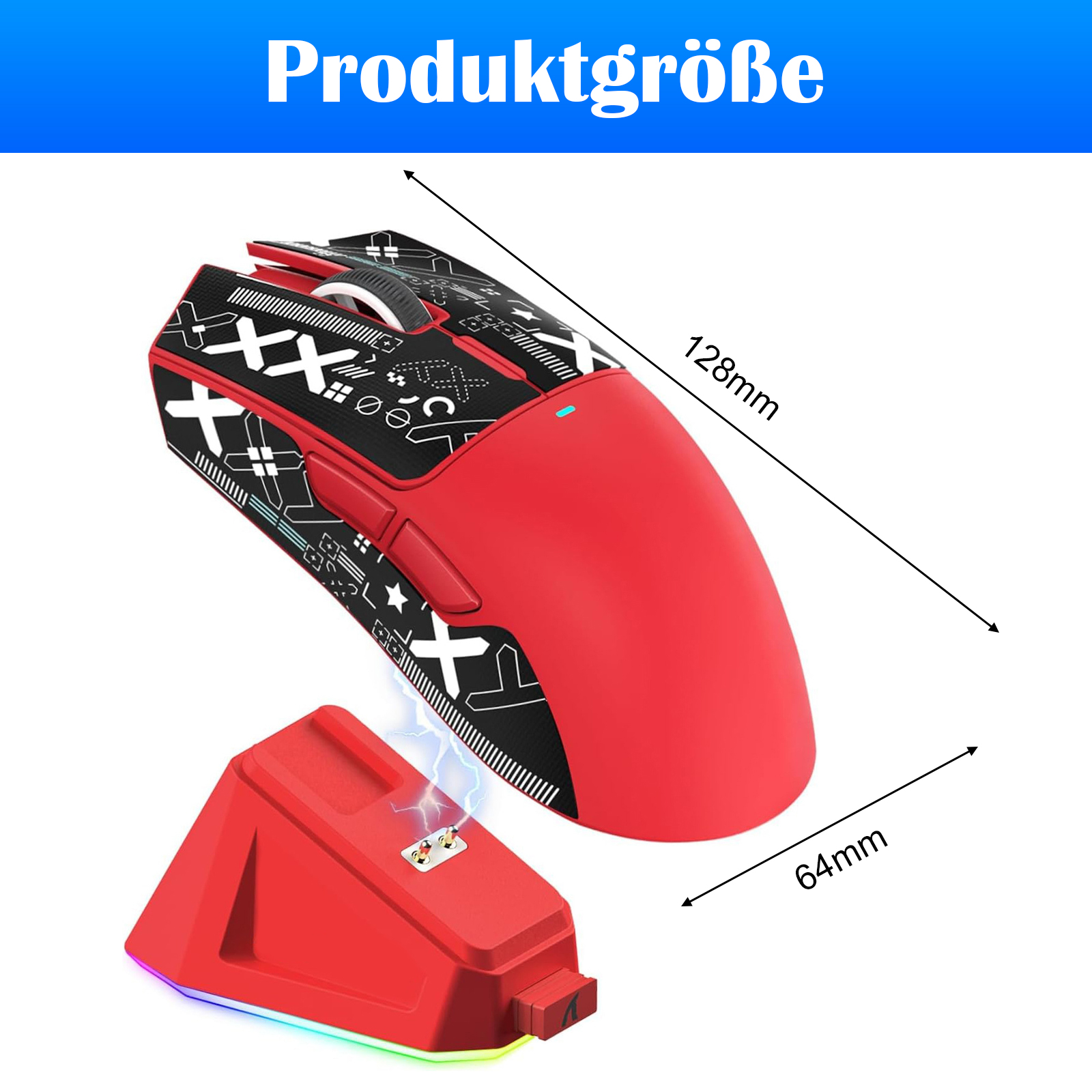 Eine rote Gaming-Maus mit Ladestation. Die Maus hat schwarze Akzente und weiße Symbole. Abmessungen werden angezeigt.