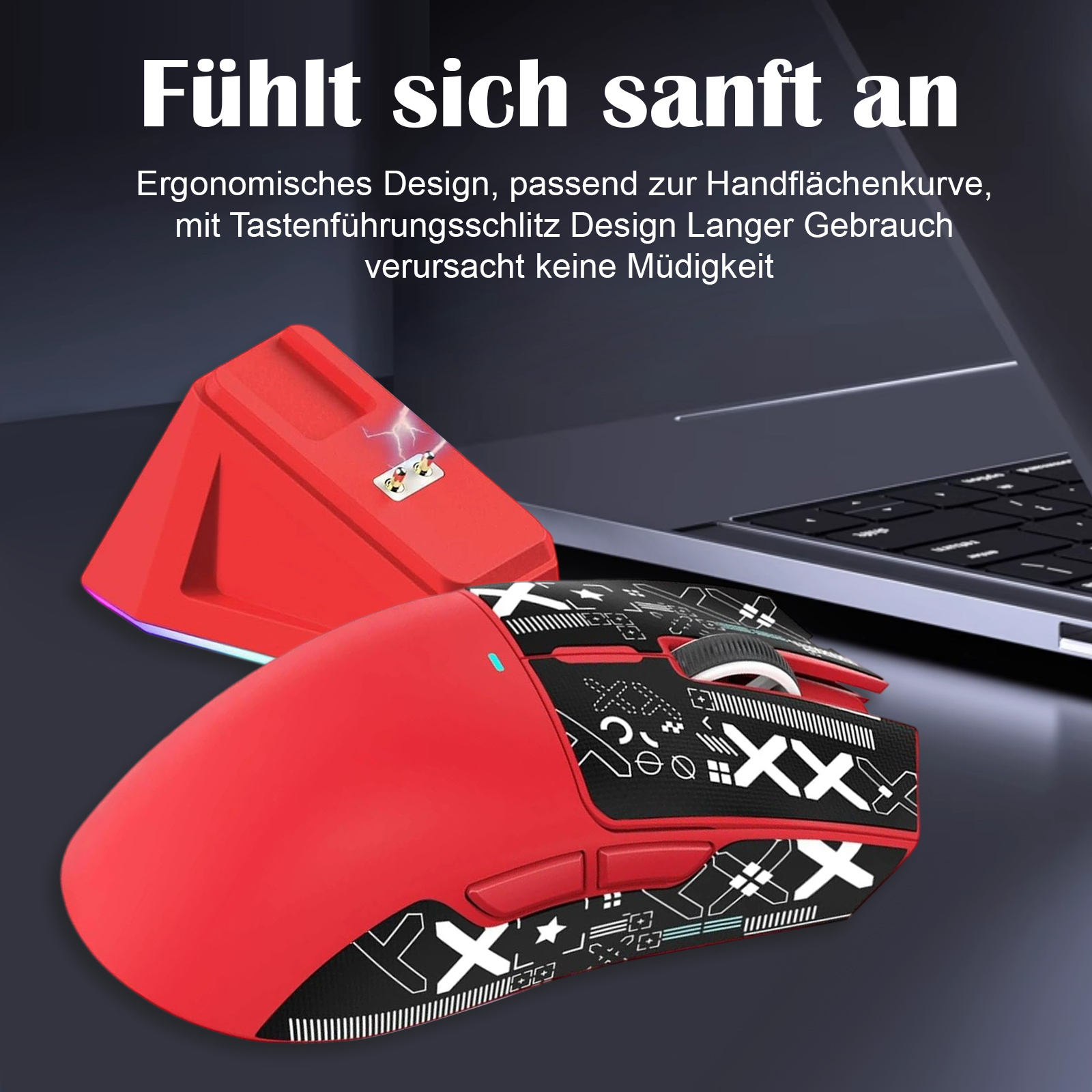 Eine rote kabellose Maus mit schwarzen Akzenten und einer Ladestation. Im Hintergrund ist ein Laptop zu sehen.