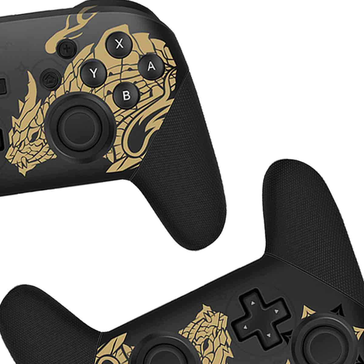 Zwei schwarze Gamecontroller mit goldenen Drachendesigns. Tasten mit X, Y, A und B beschriftet. Rechter Controller zeigt das kreuzförmige Symbol.