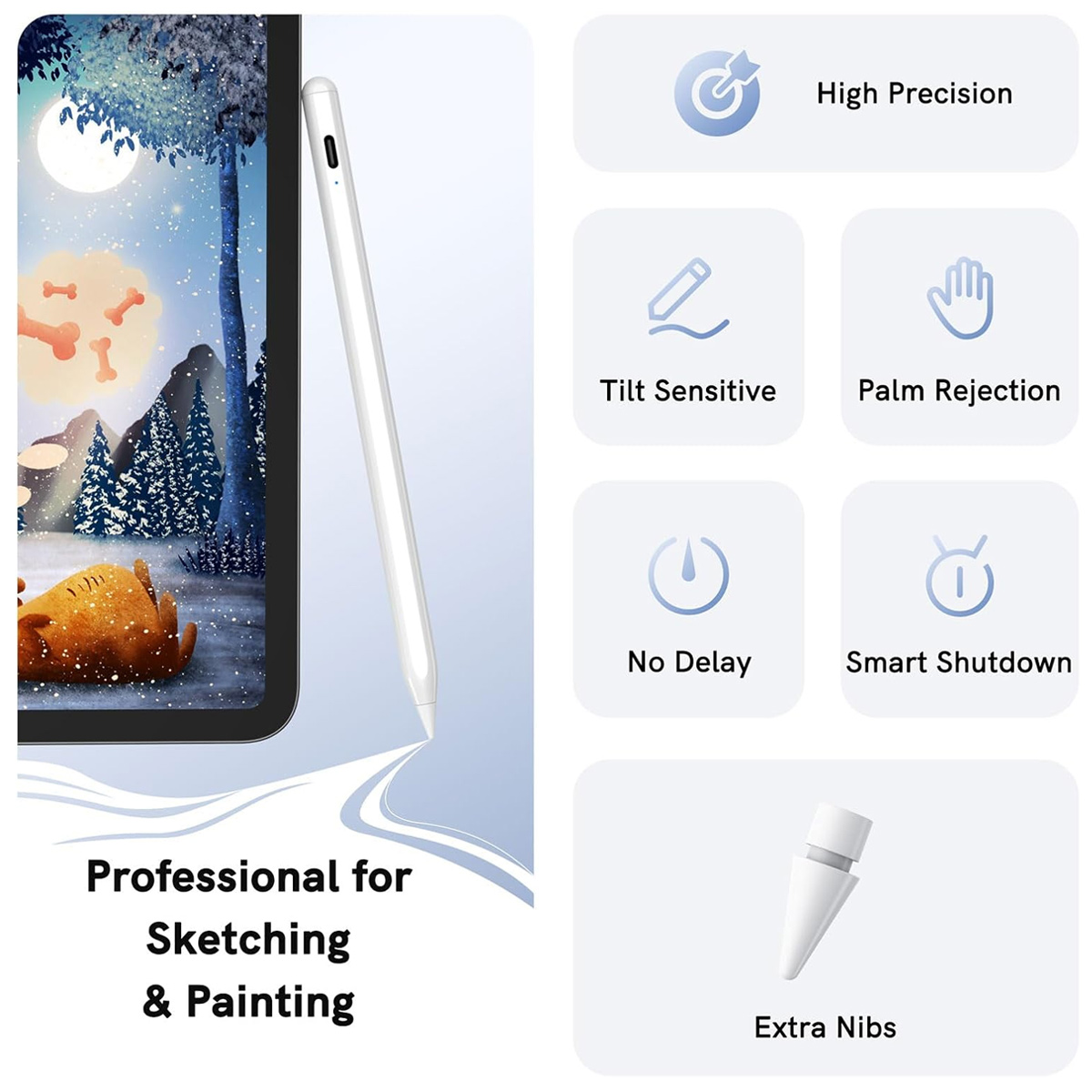 Stift neben einem Tablet-Bildschirm, der eine Winterszene zeigt. Merkmale sind 'Hohe Präzision', 'Neigungsempfindlich', 'Handflächenabweisung', 'Keine Verzögerung'.