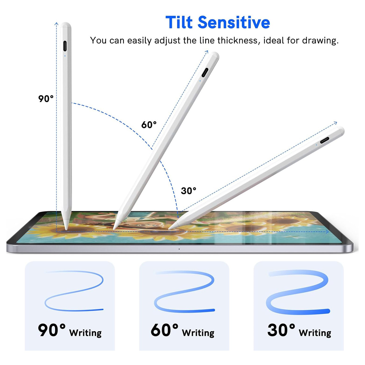 Das Bild zeigt einen Stift in 90, 60 und 30 Grad. Es demonstriert, wie sich die Linienstärke mit verschiedenen Winkeln anpasst, ideal zum Zeichnen.