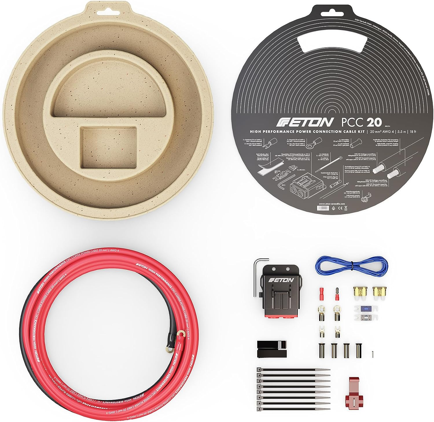 Ein Kit mit Stromanschlusskabeln für Auto-Audio. Enthält rotes Kabel, schwarzes Kabel und andere Komponenten.