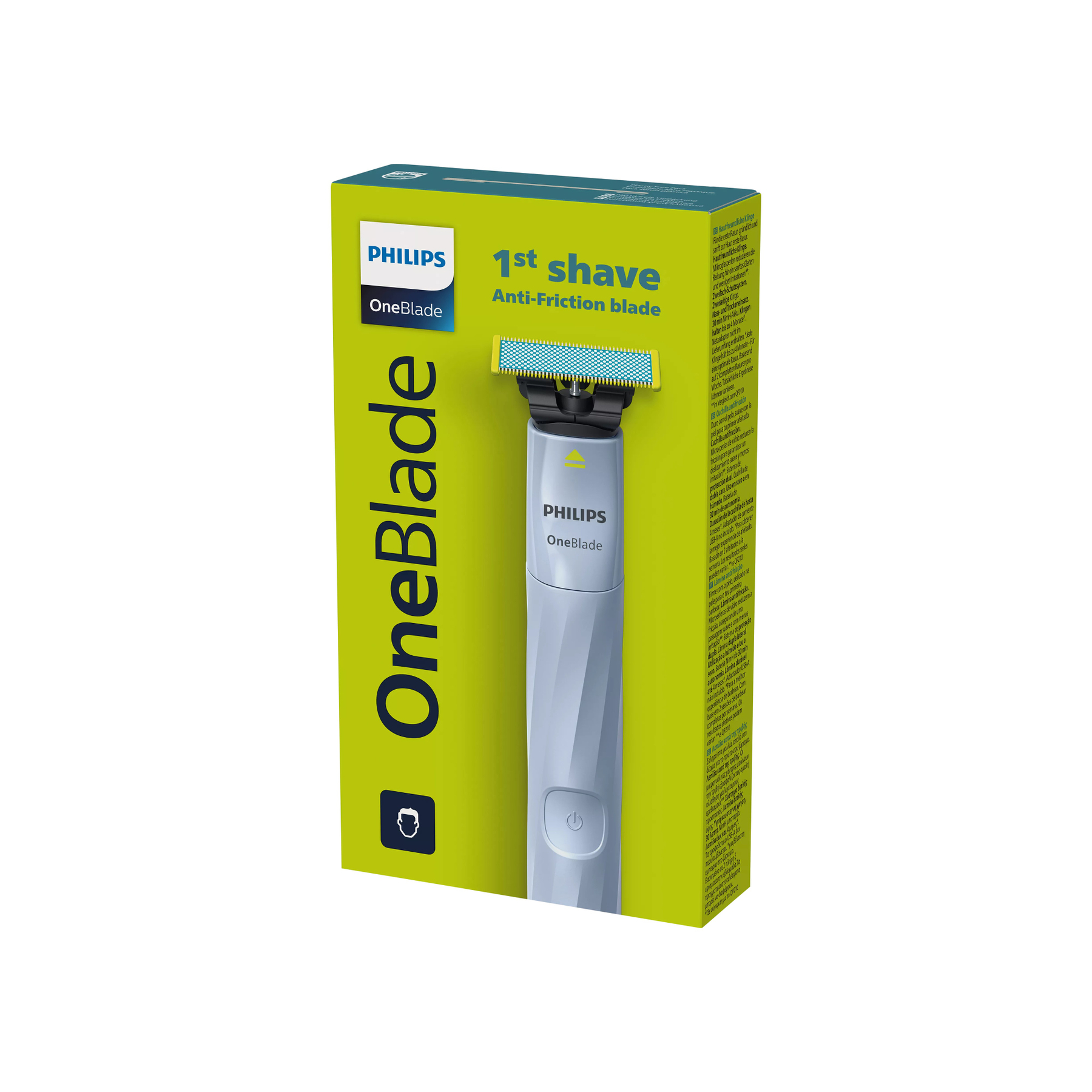 Eine Philips OneBlade-Box. Sie zeigt den Rasierer mit dem Text '1st shave' und 'Anti-Friction blade'.