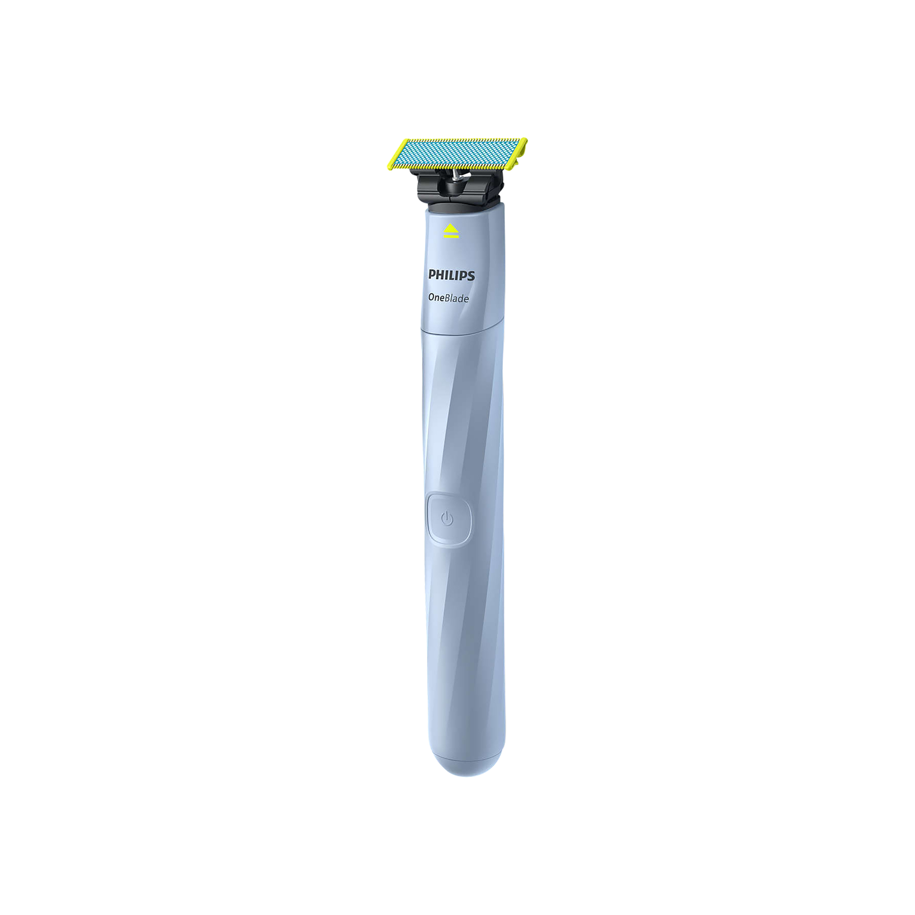 Ein elektrischer Philips OneBlade Rasierer. Er ist hellblau mit einer gelb-blauen Klinge. Der Hintergrund ist weiß.