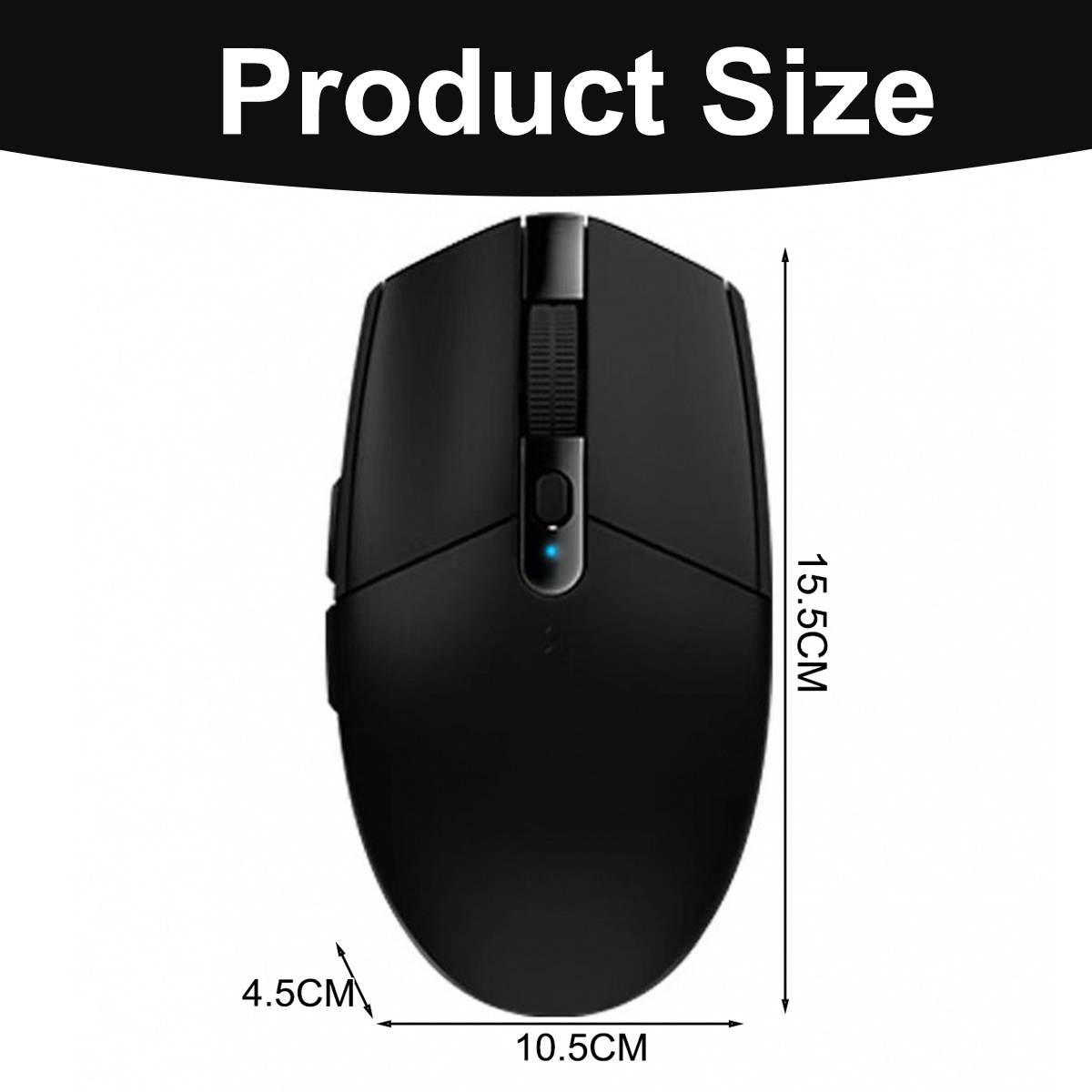 Eine schwarze Computermaus mit Größenangaben: 15,5 cm lang, 10,5 cm breit und 4,5 cm hoch. Text "Produktgröße" oben.