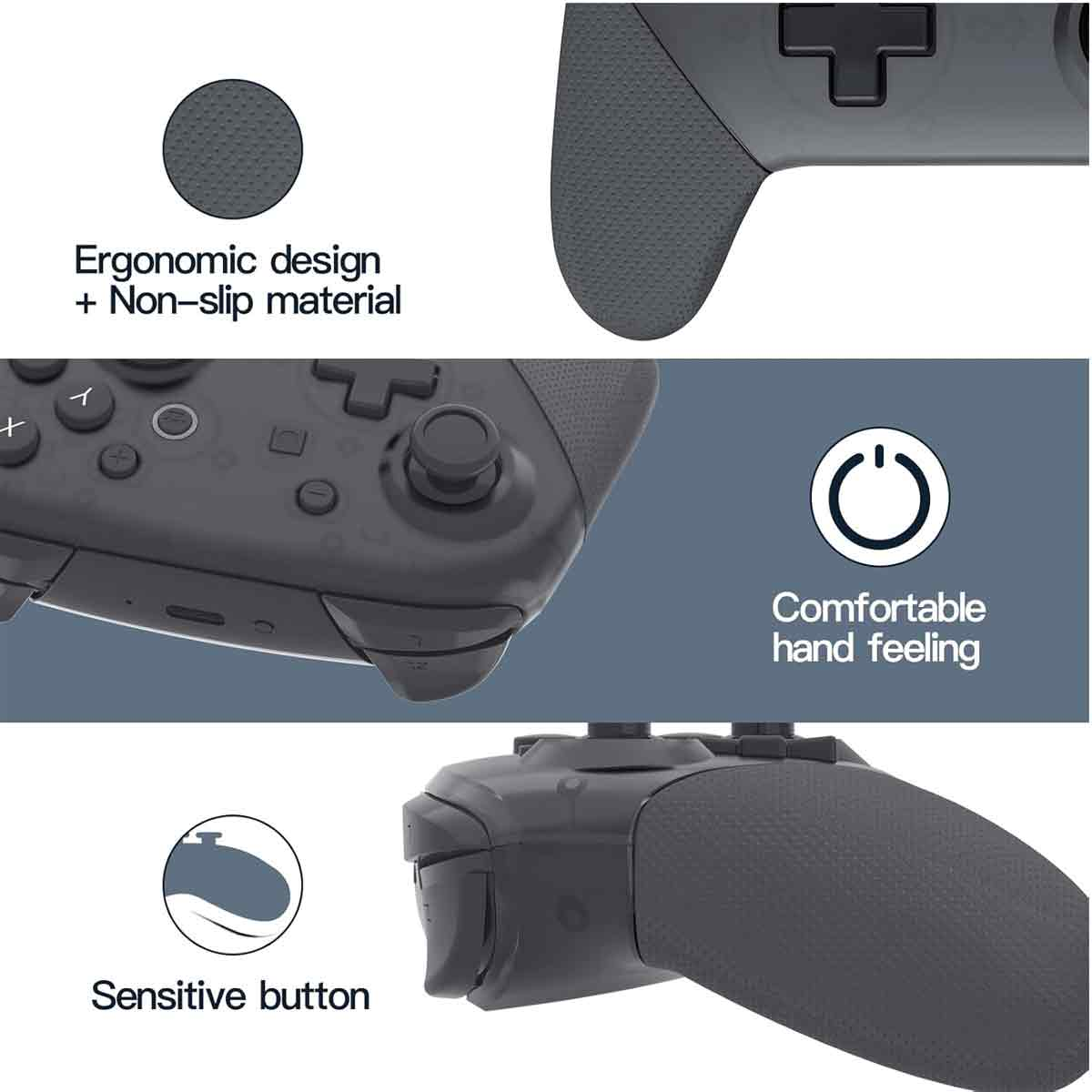 Ein grauer Gamecontroller mit ergonomischem Design und rutschfestem Material. Er hat eine empfindliche Taste und einen komfortablen Griff.