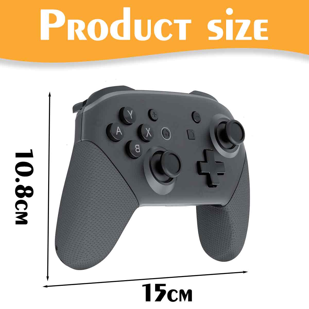 Ein grauer Gamecontroller mit Maßangaben. Der Controller hat Knöpfe und Joysticks. Der Text "Produktgröße" steht oben.