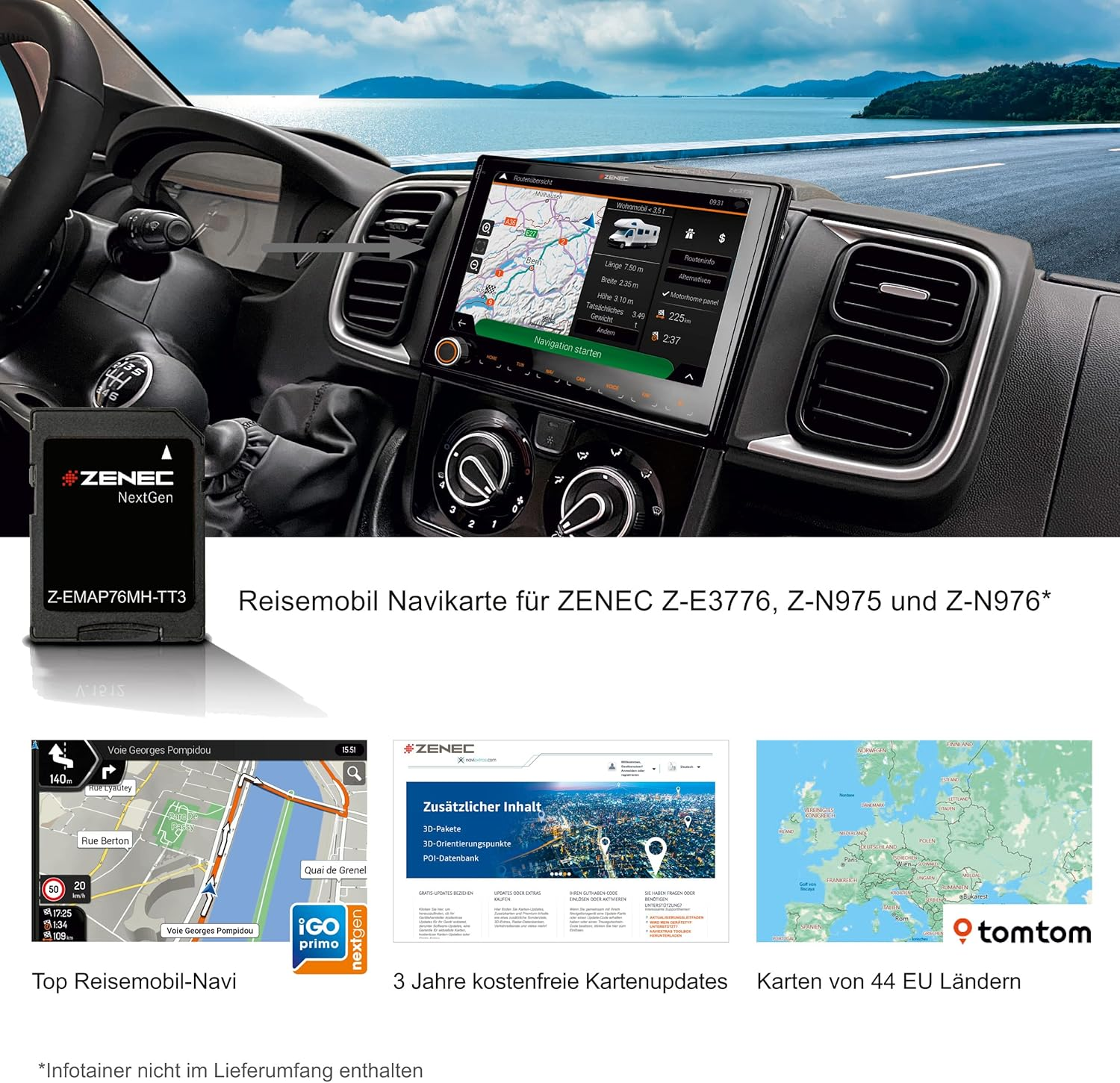 Armaturenbrett mit Navigationsbildschirm, SD-Karte und weiteren Details. Hintergrund ist eine Meeresansicht.