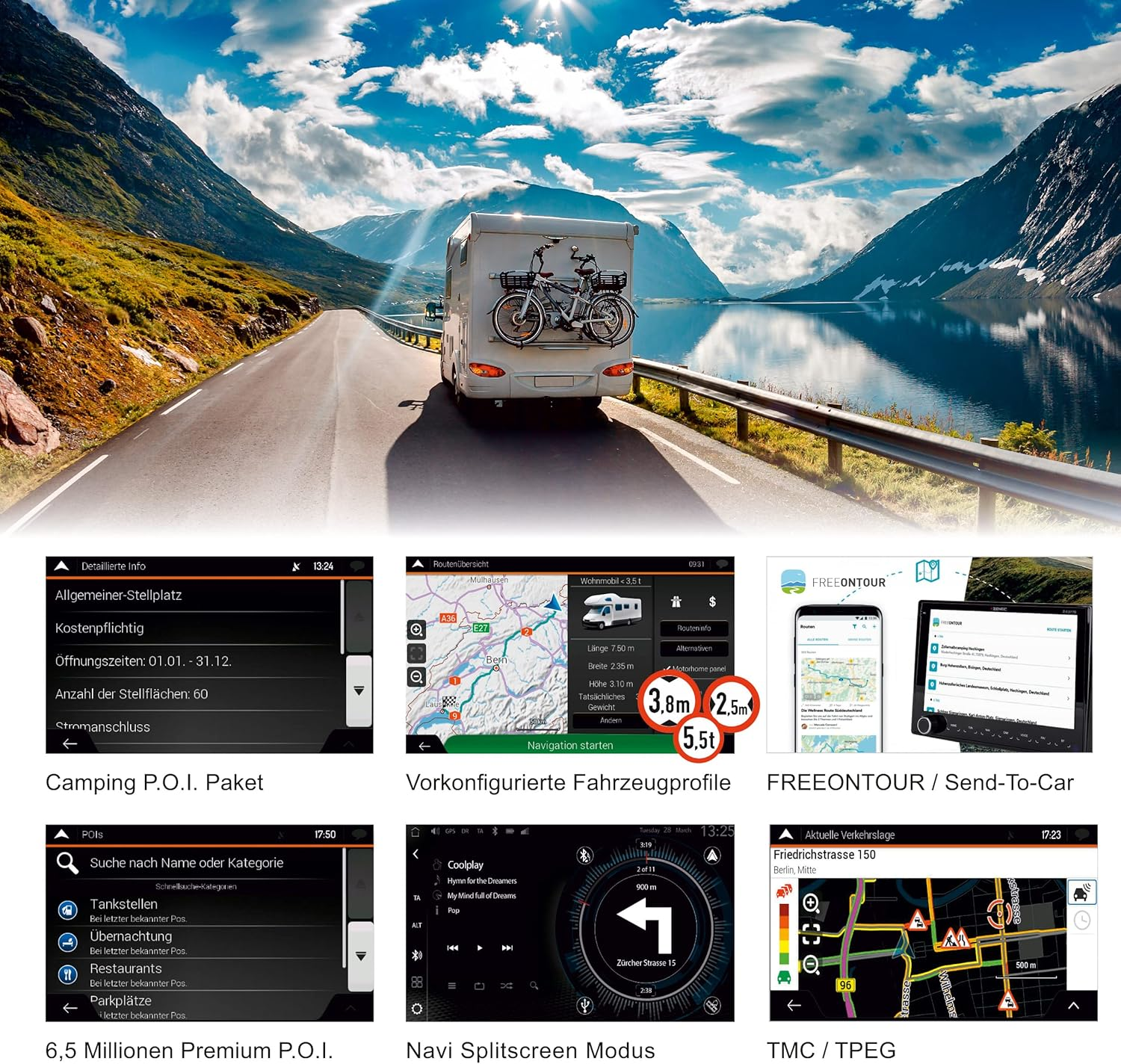 Ein weißes Wohnmobil fährt auf einer Straße in Richtung Berge. Informationsbildschirme zeigen Navigations- und Reisedaten an.
