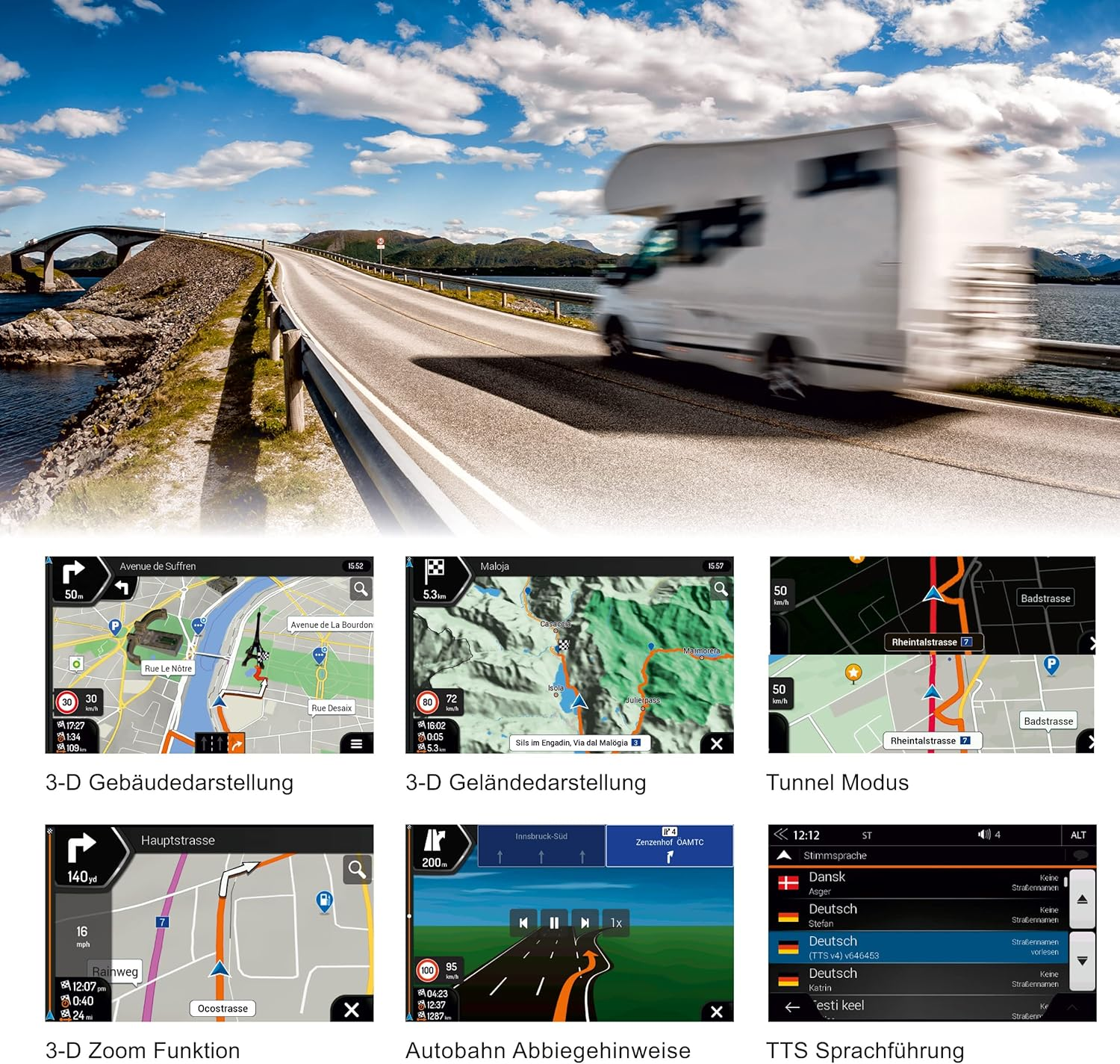 Ein weißer Wohnwagen fährt über eine Brücke. Navigationsbildschirme zeigen Karten und Routeninformationen.