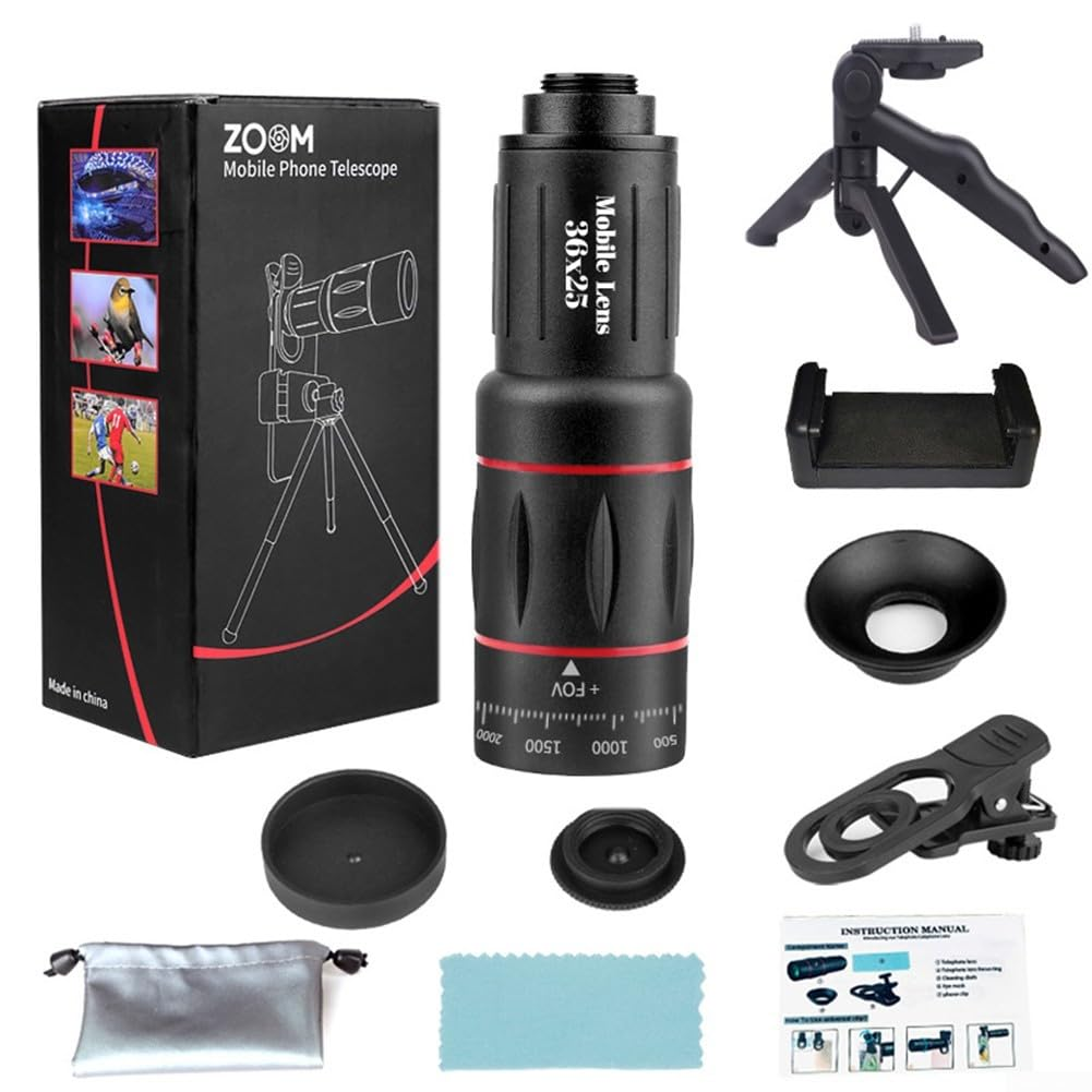 Ein Mobiltelefon-Teleskop-Kit. Enthält Teleskop, Stativ, Telefonhalter, Reinigungstuch, Tragetasche und Bedienungsanleitung.