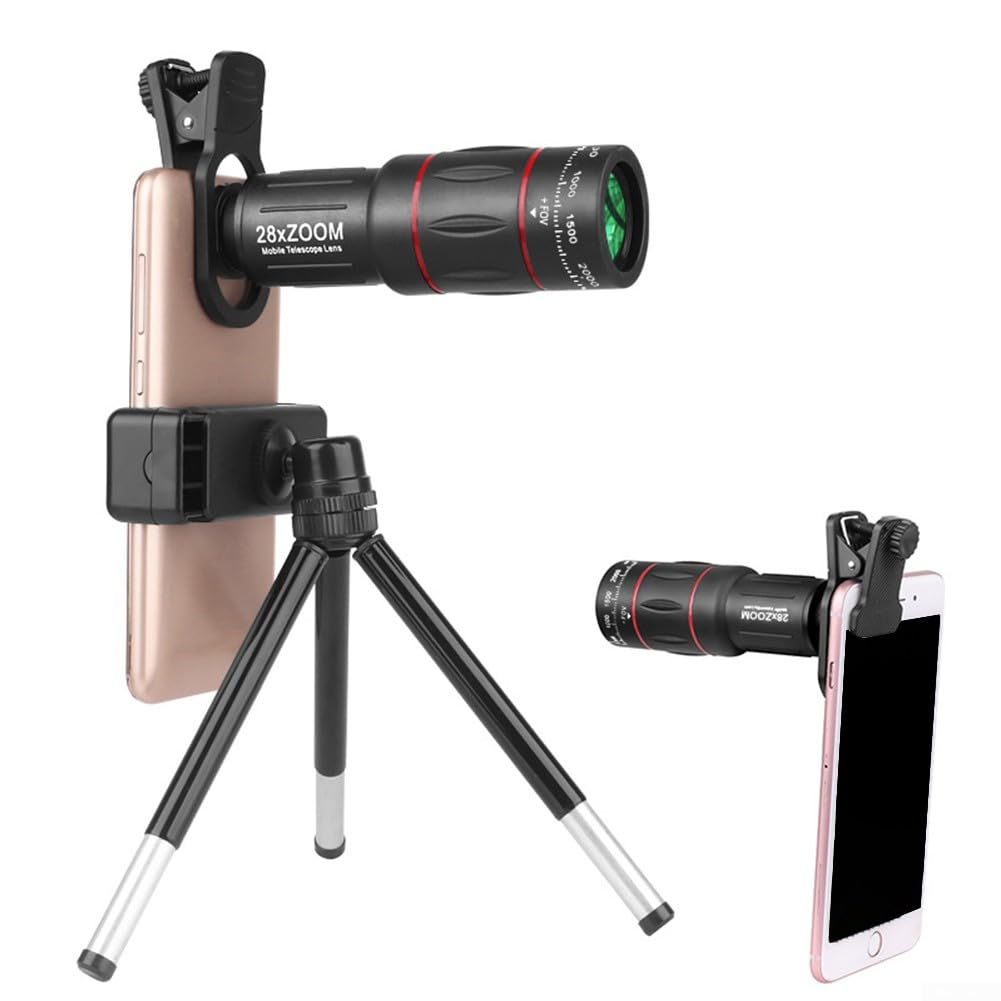 Ein Smartphone mit montierter Linse, auf einem Stativ. Die Linse ist schwarz und rot, mit 28-fachem Zoom.