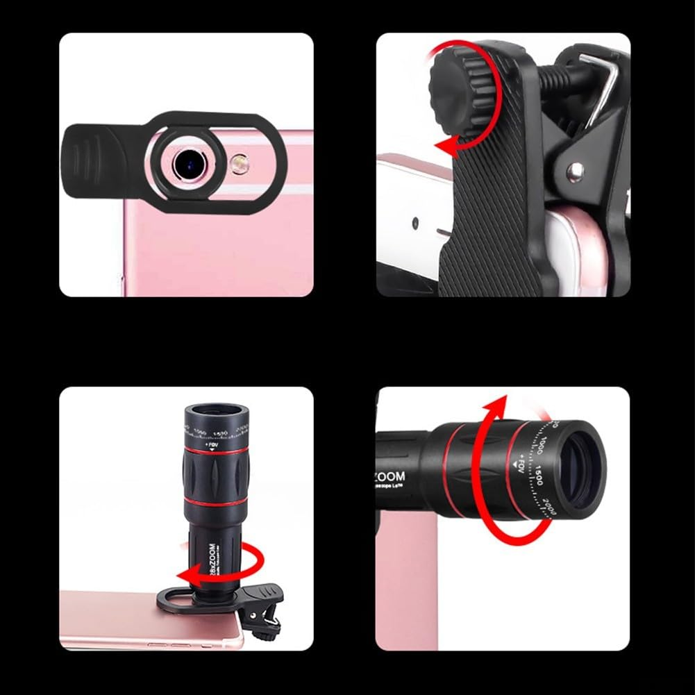 Vier Bilder, die Telefonobjektivaufsätze zeigen. Eines zeigt ein Objektiv, das an einem Telefon befestigt ist. Andere zeigen Anpassungs- und Zoomfunktionen.