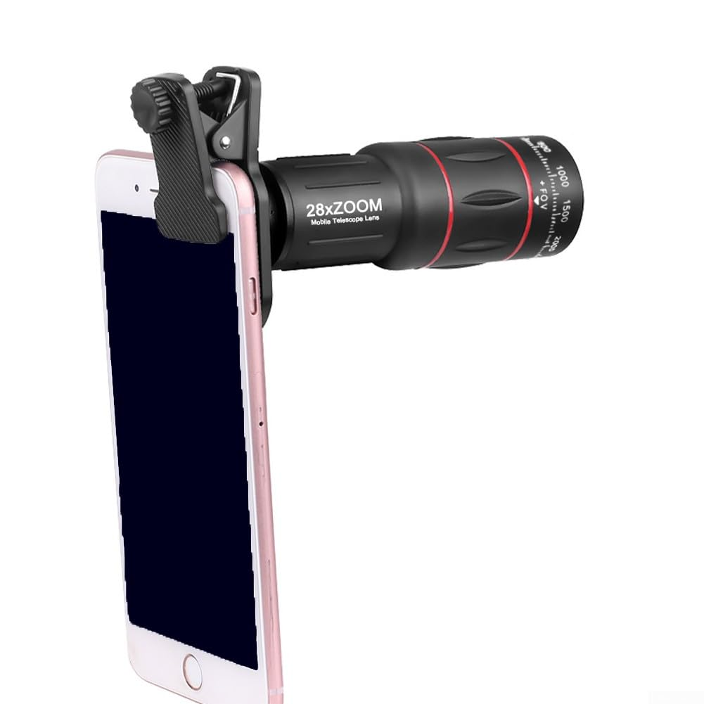 Ein Smartphone mit einem 28-fach-Zoom-Objektiv. Das Telefon ist pink, das Objektiv ist schwarz und rot. Das Setup ist vor weißem Hintergrund.