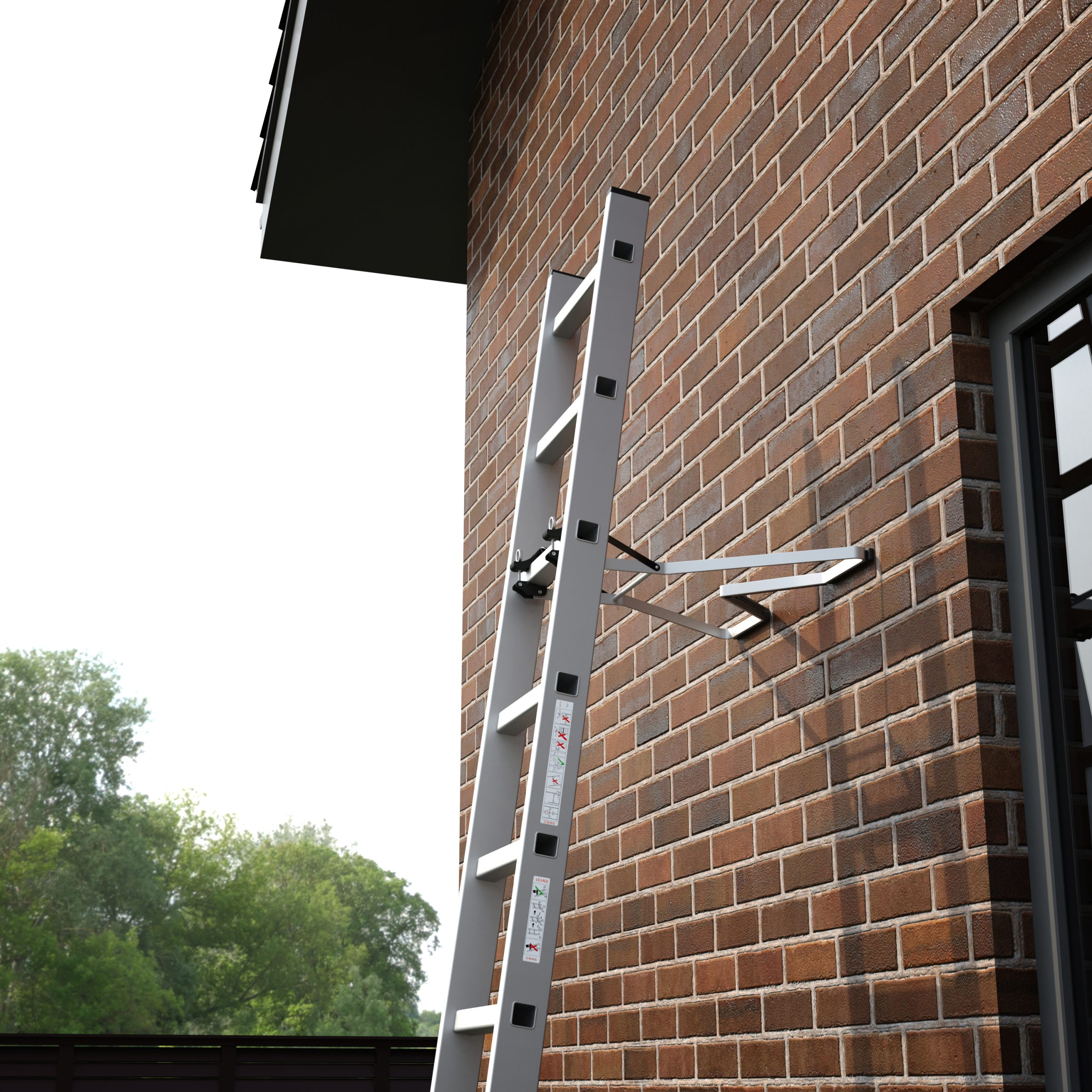 Ladder leaning against a brick wall. A window is on the right. Trees and a fence are in the background.