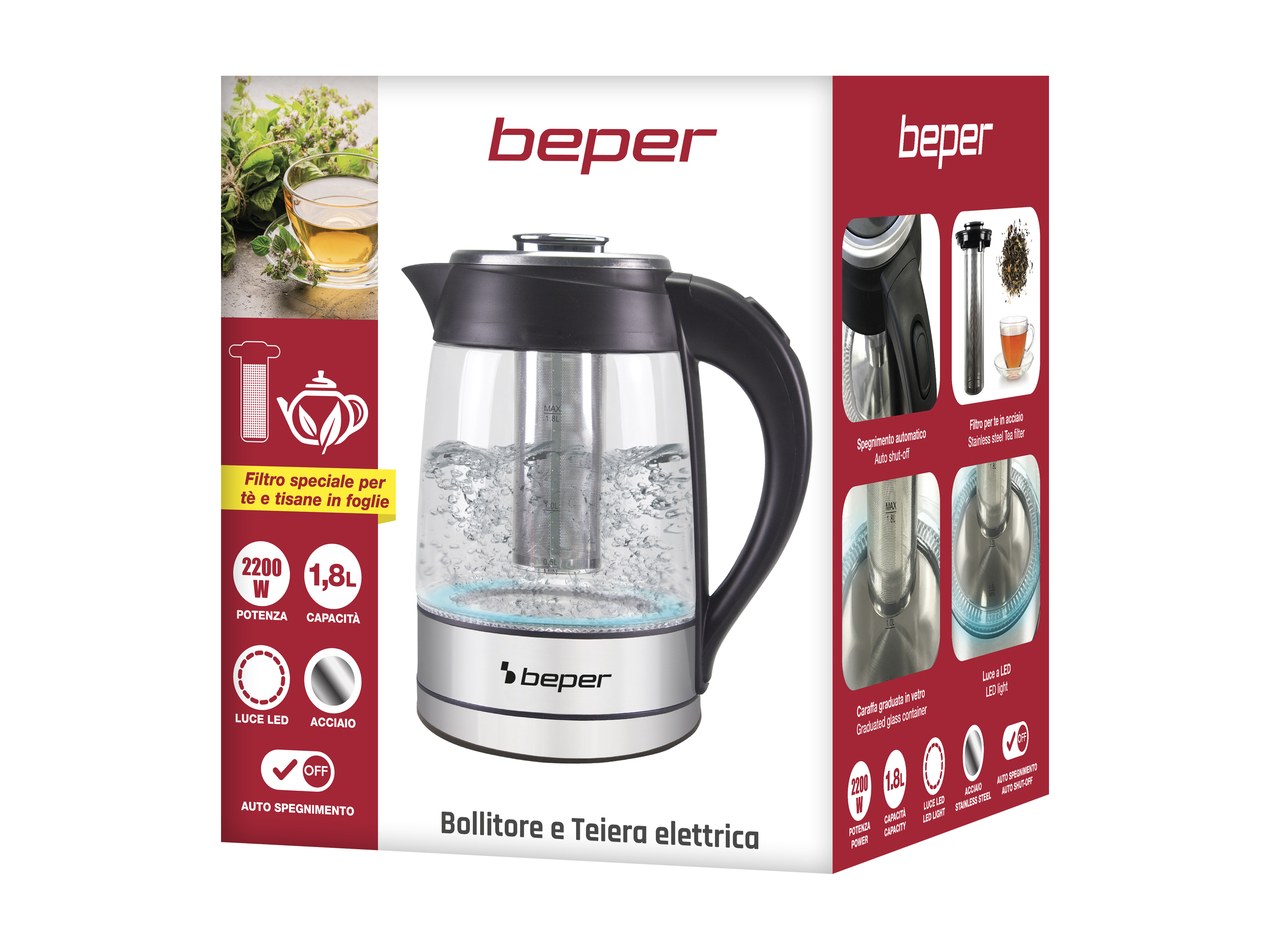 Czajnik elektryczny ze szklanym korpusem i filtrem ze stali nierdzewnej, marki 'beper', z różnymi funkcjami.