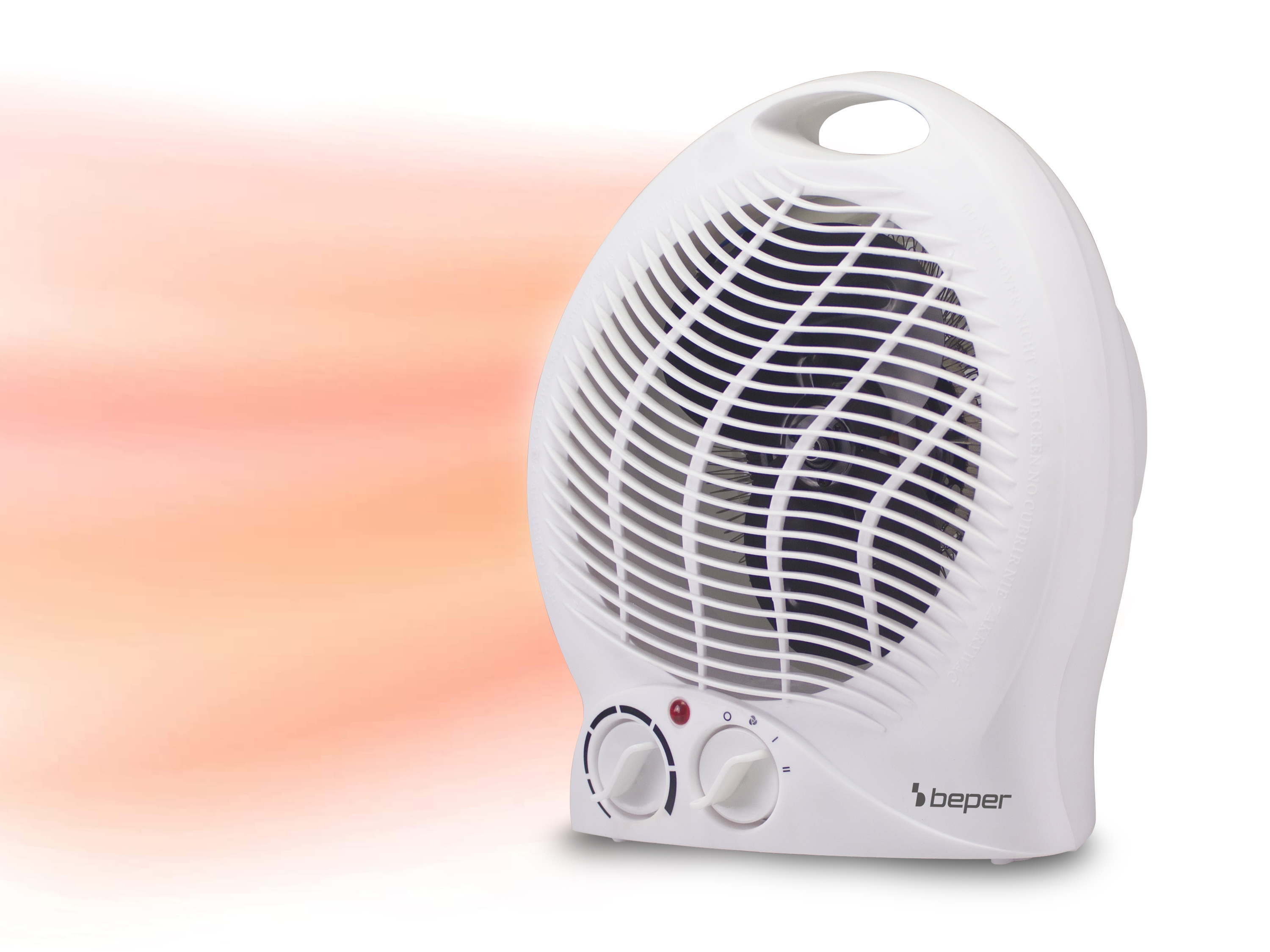 Un termoventilatore bianco con maniglia. Ha due manopole e una luce rossa. Lo sfondo è arancione.