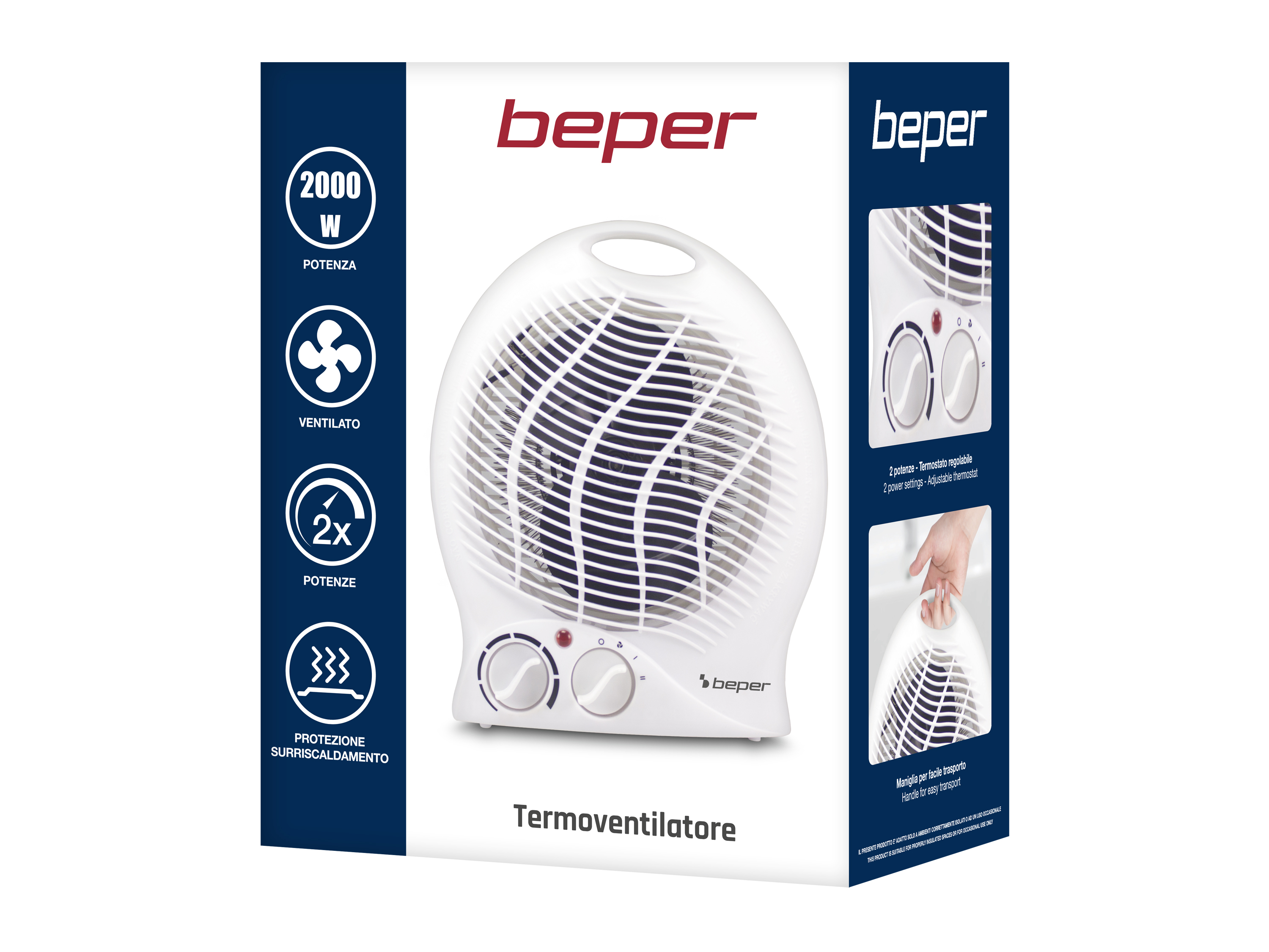 Termoventilatore Beper bianco su scatola. Ha controlli, sicurezza e maniglia integrata per un facile trasporto.