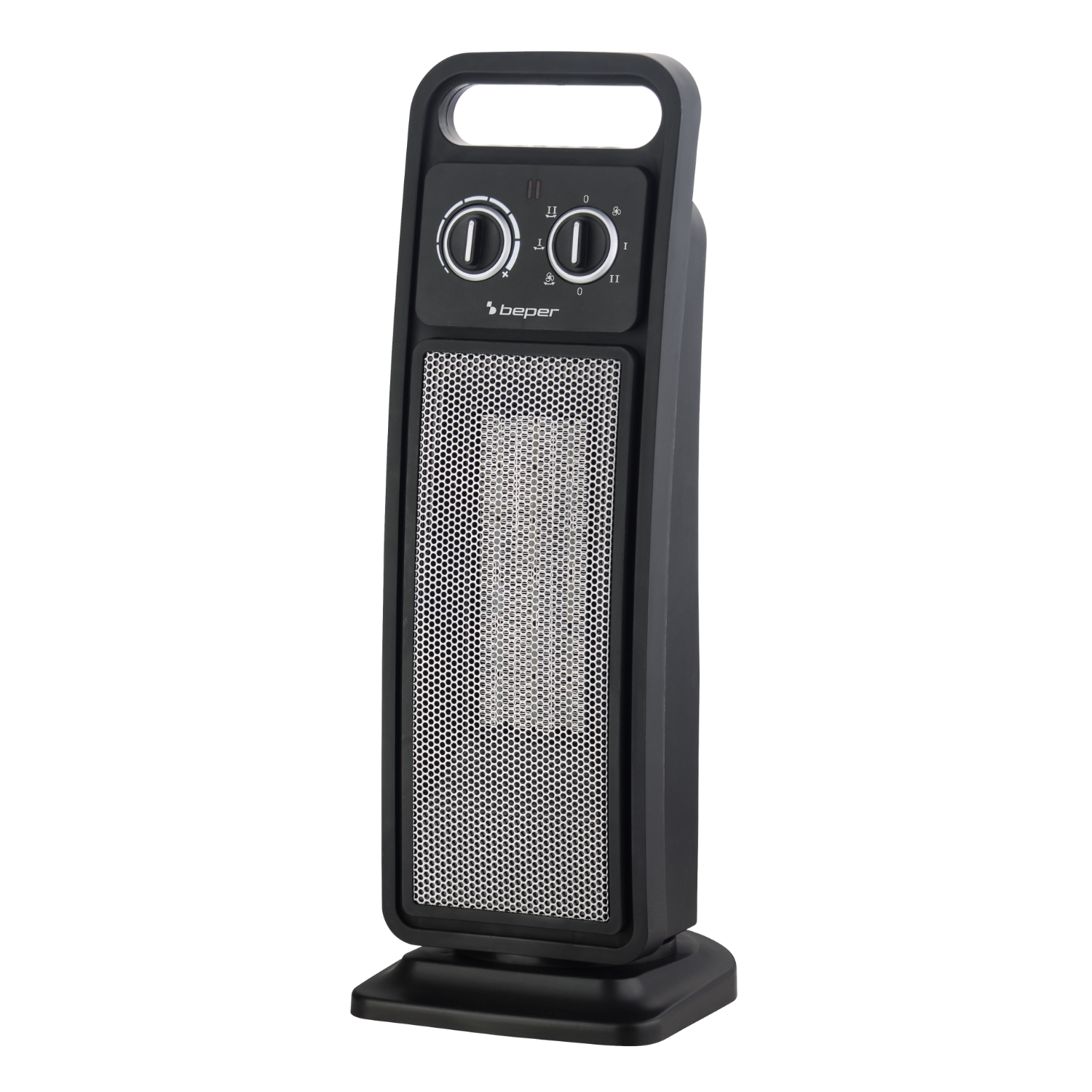Termoventilatore elettrico Beper nero. Ha una maniglia, due manopole e un frontale a rete. Poggia su una base nera su sfondo bianco.