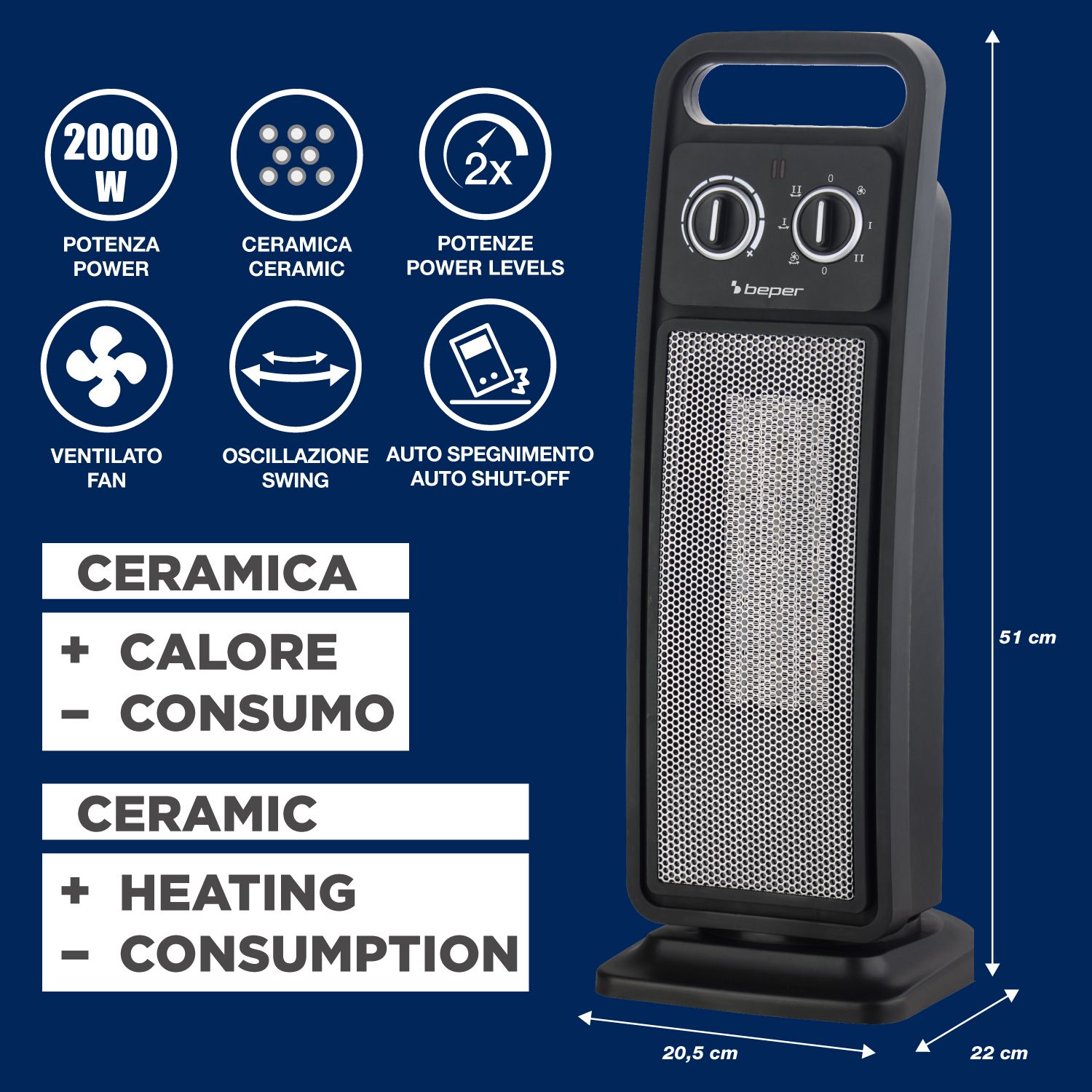 Stufa in ceramica nera con manopole di controllo, dimensioni indicate. Include livelli di potenza, ventola e spegnimento automatico.
