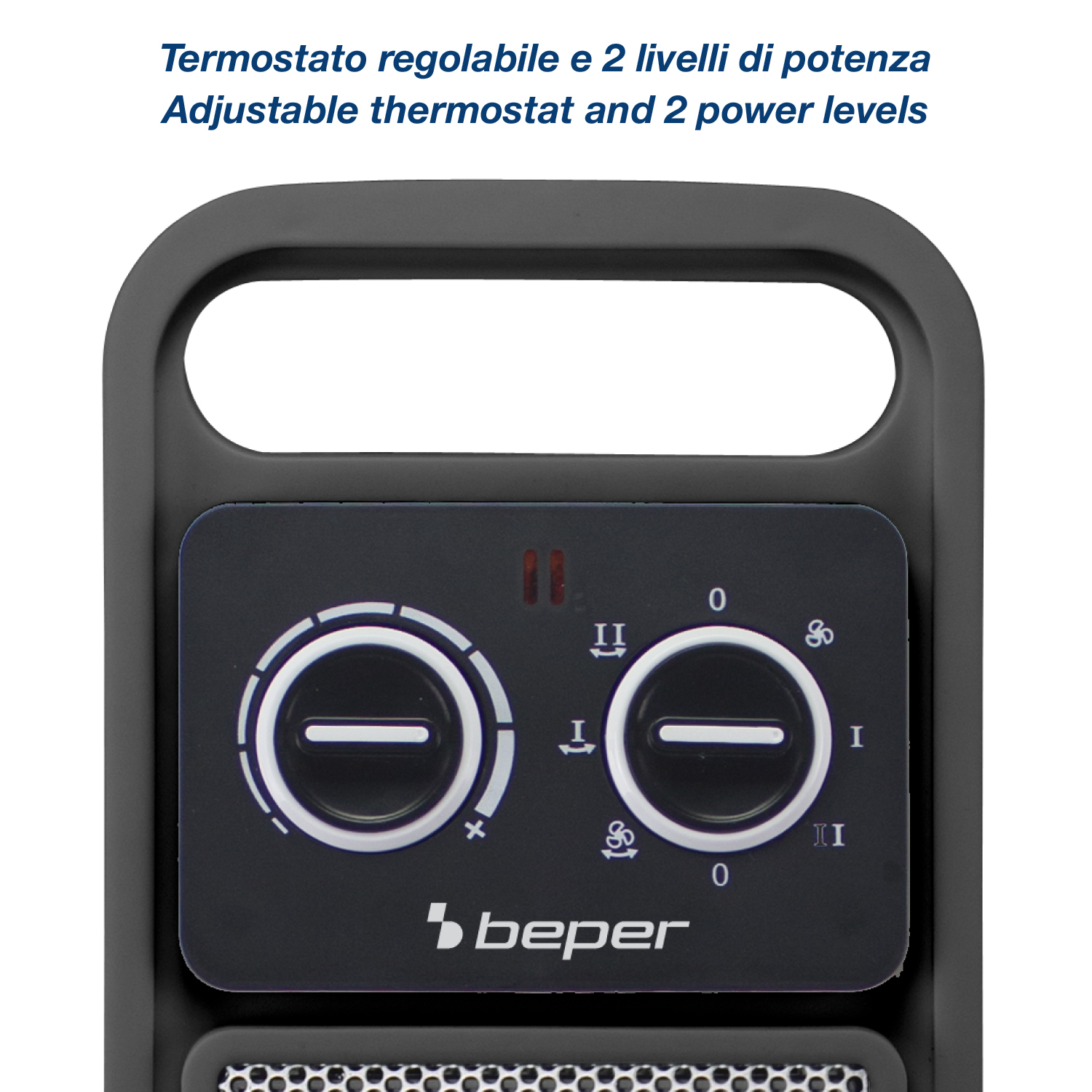 Pannello di controllo del riscaldatore nero con due quadranti, etichettati con numeri e simboli. Il marchio 'beper' è visibile.