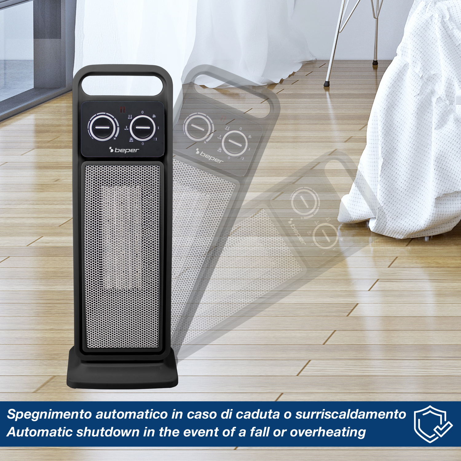 Un termoventilatore Beper nero è su un pavimento in legno. Sullo sfondo ci sono una finestra e delle tende. Il termoventilatore ha manopole.