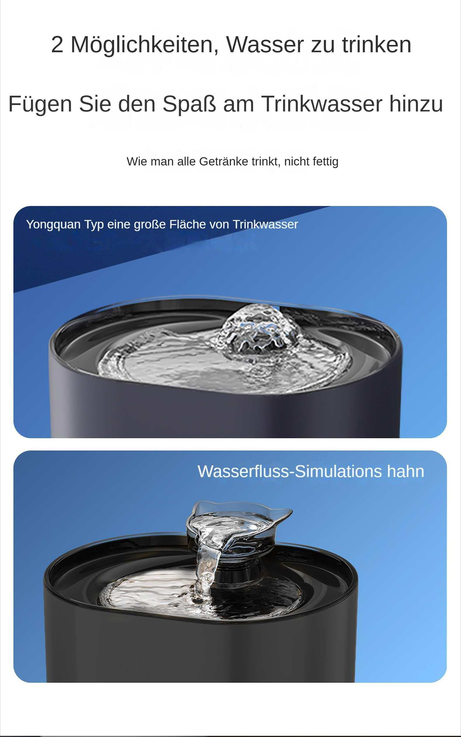 Das Bild zeigt zwei Trinkwassermethoden. Oben: Wasserfontäne. Unten: Wassersimulation. Text auf Deutsch.