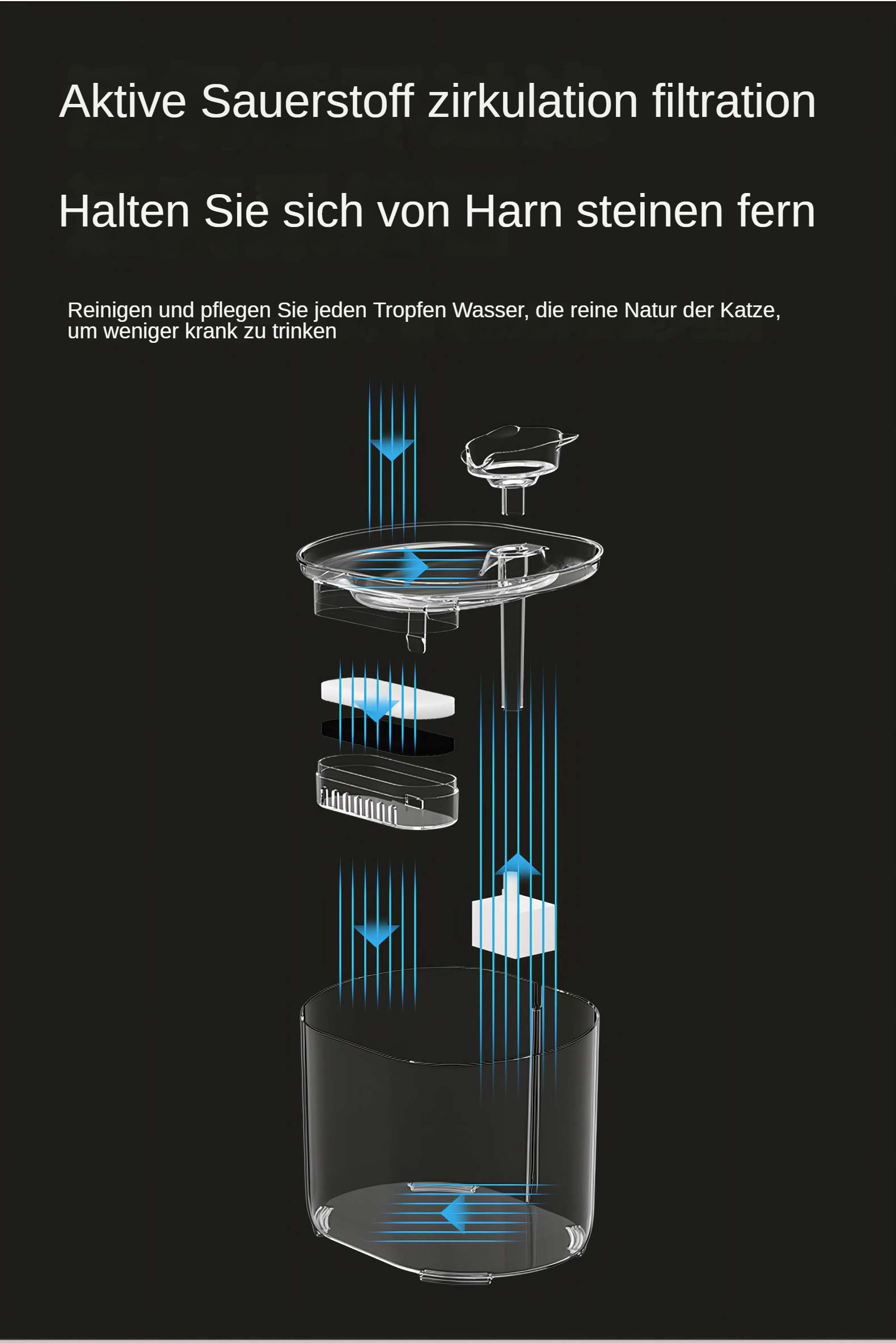 Diagramm eines Wasserfiltersystems mit Text auf Deutsch. Klare Kunststoffkomponenten und blaue Pfeile.