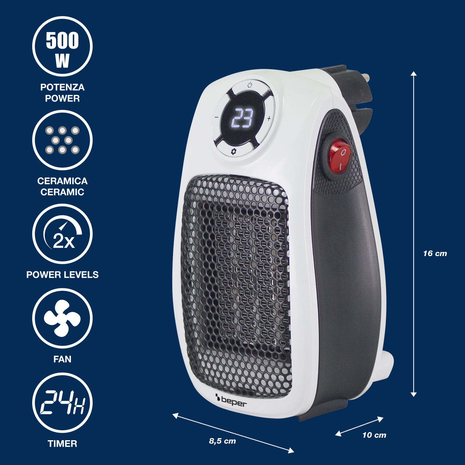 Un termoventilatore in ceramica bianco e nero con display digitale, pulsante di accensione rosso e varie impostazioni di livello di potenza e timer.