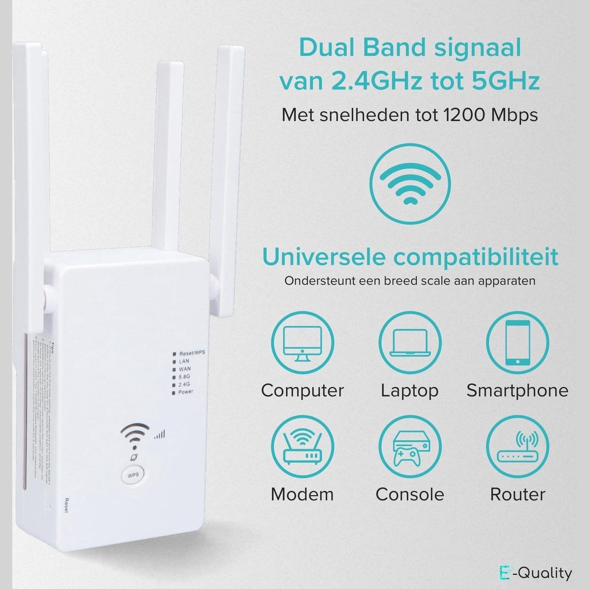 Een witte wifi-extender met antennes. Tekst bevat 'Dual Band', '1200 Mbps'. Pictogrammen van computer, laptop, smartphone, modem, console, router.