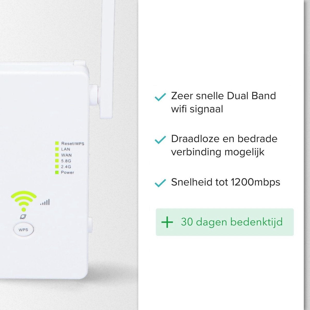 Een witte WiFi-extender met antenne. Tekst vermeldt dual-band WiFi, draadloze, bedrade verbinding en snelheid tot 1200 Mbps.