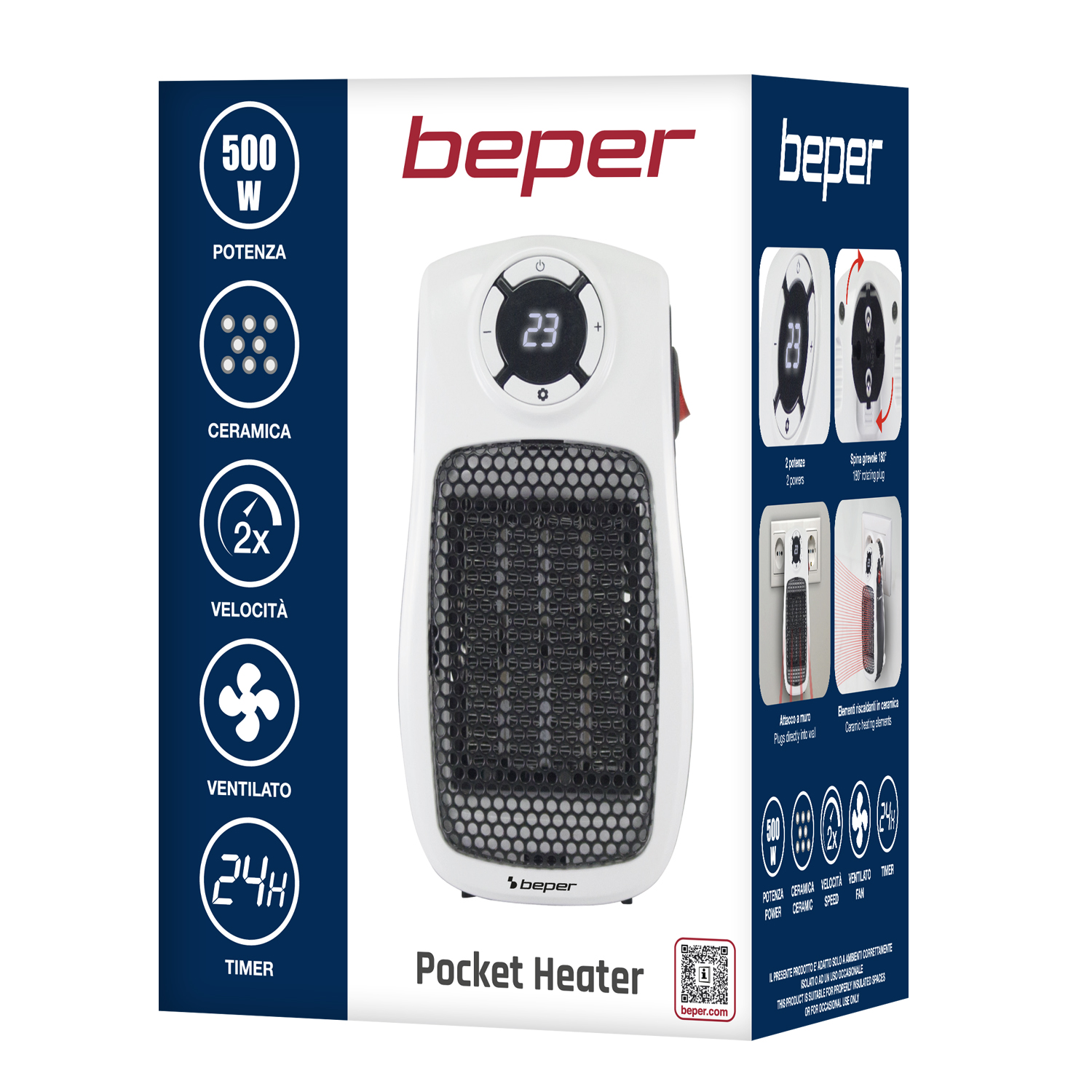 Un termoventilatore tascabile Beper bianco e nero su una scatola con funzioni come potenza, ceramica, velocità, ventola e timer.