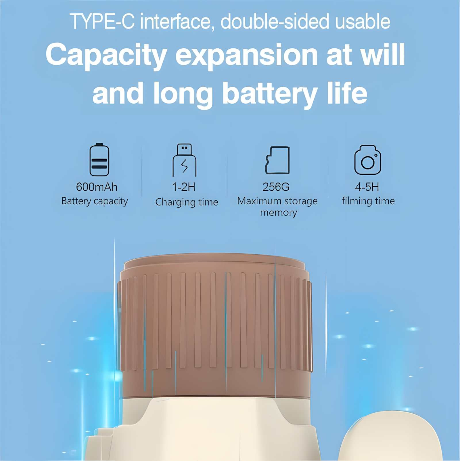 Das Bild zeigt Produktmerkmale: Batteriekapazität, Ladezeit, Speicher und Aufnahmezeit mit hellblauem Hintergrund.
