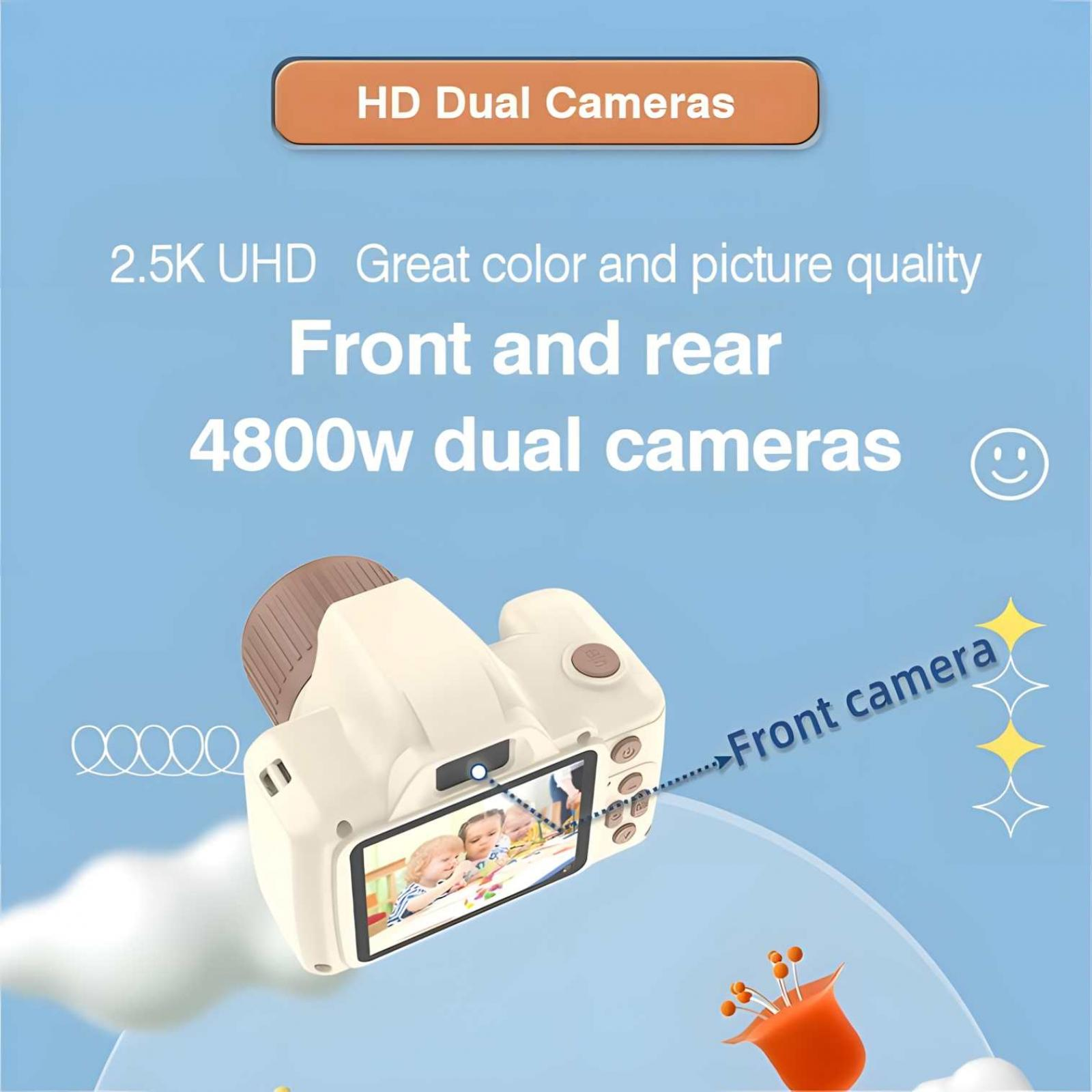 Eine weiße Spielzeugkamera mit Bildschirm, der Kinder zeigt. Text erwähnt HD-Dualkameras, 2,5K UHD und 4800w-Dualkameras.