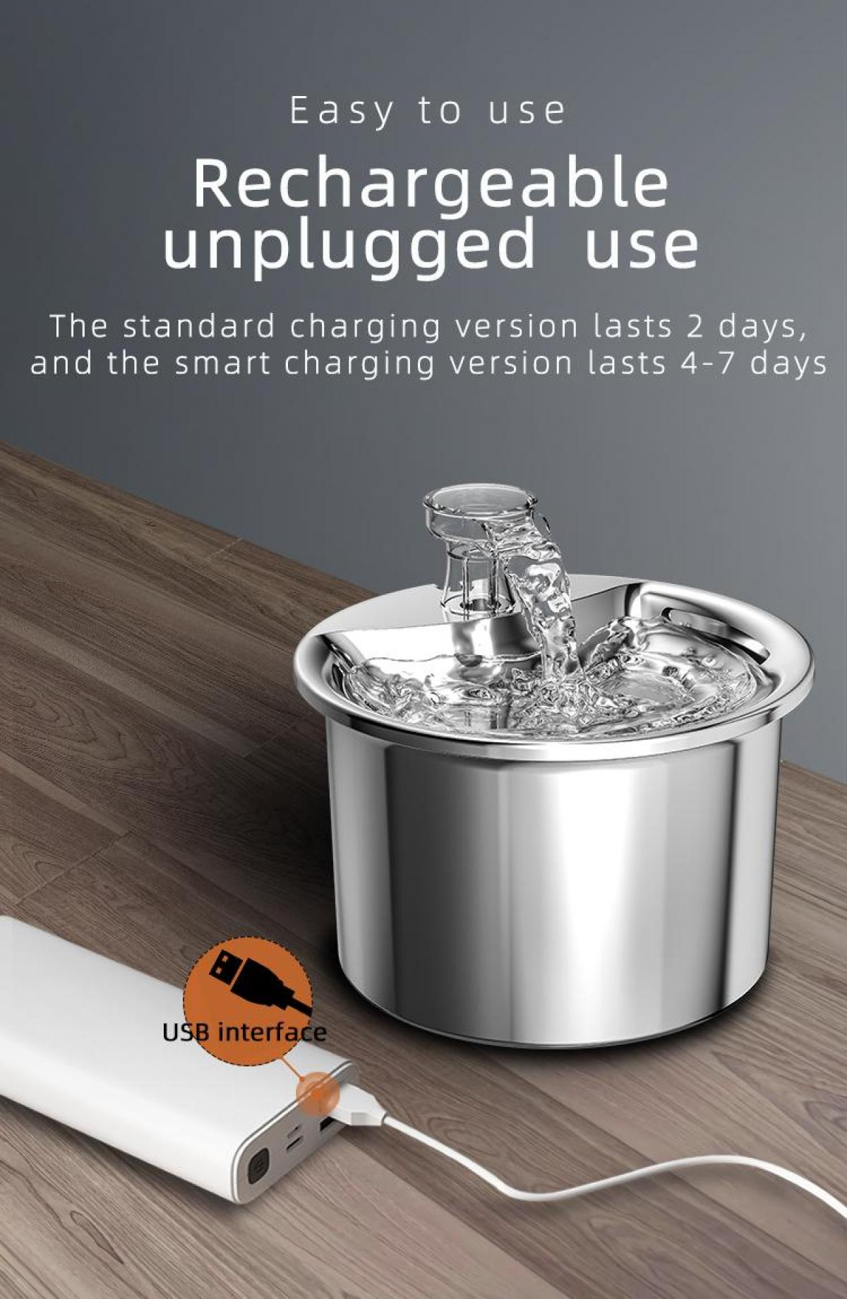 Ein Wasserbrunnen steht auf Holz. Eine Powerbank ist per USB angeschlossen. Text: Wiederaufladbar, unbenutzte Verwendung.