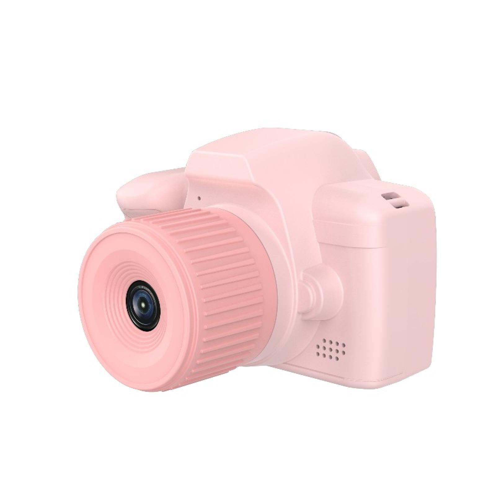 Eine rosa Digitalkamera auf weißem Hintergrund. Die Kamera hat ein Objektiv, einen Sucher und Knöpfe. Es ist eine Spielzeugkamera.