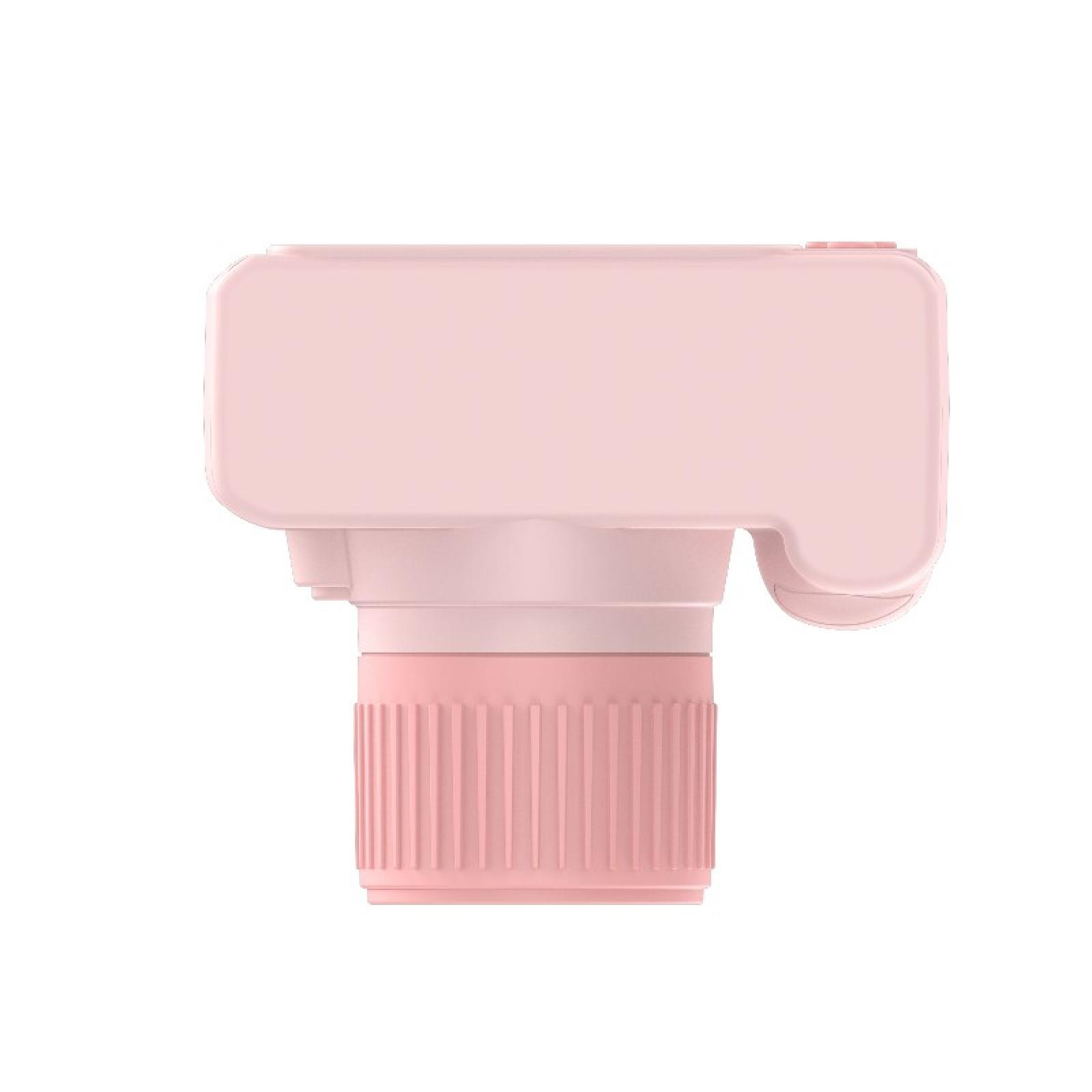 Ein rosa Handgerät. Es hat eine rechteckige Oberseite mit abgerundeten Kanten, einen zylindrischen Boden und gerippte Details.