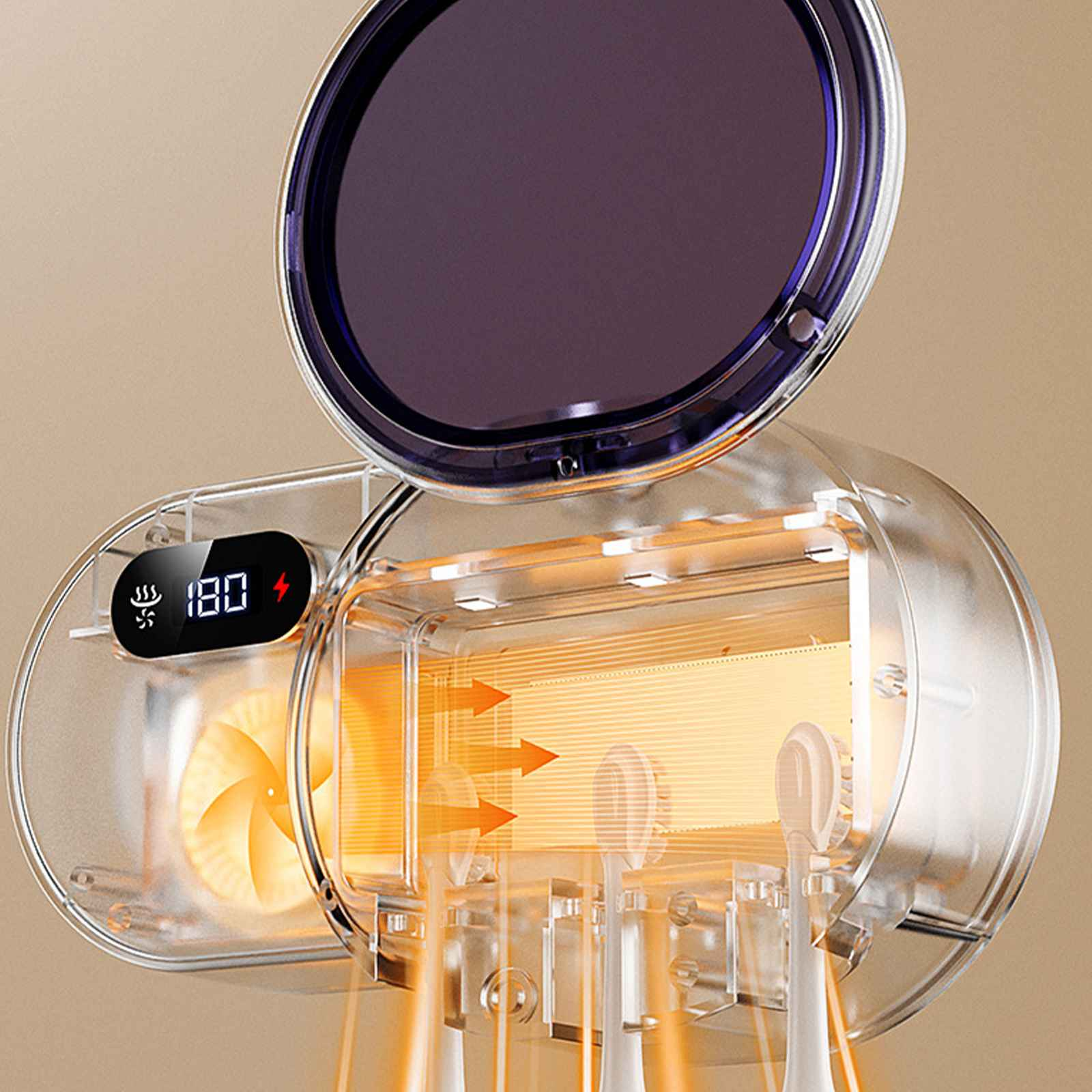 Ein transparenter UV-Zahnbürsten-Sterilisator. Er hat eine digitale Anzeige, die die Temperatur anzeigt. Er ist offen und zeigt das UV-Licht.
