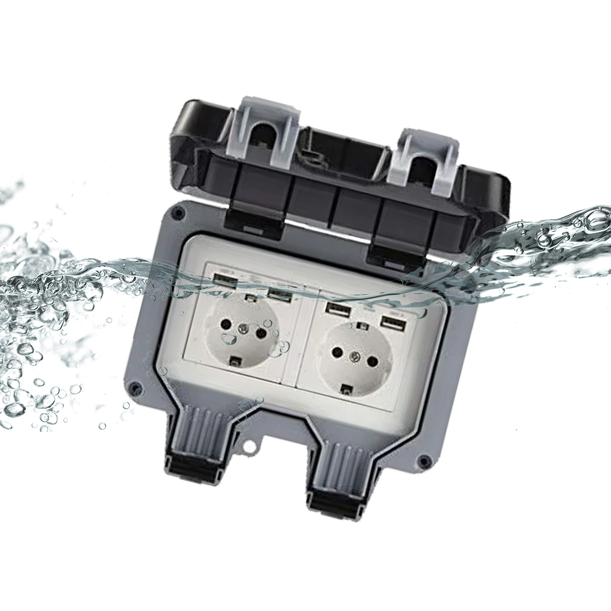 Eine graue, wasserdichte Steckdose mit zwei Steckdosen und USB-Anschlüssen, unter Wasser mit sichtbaren Blasen.