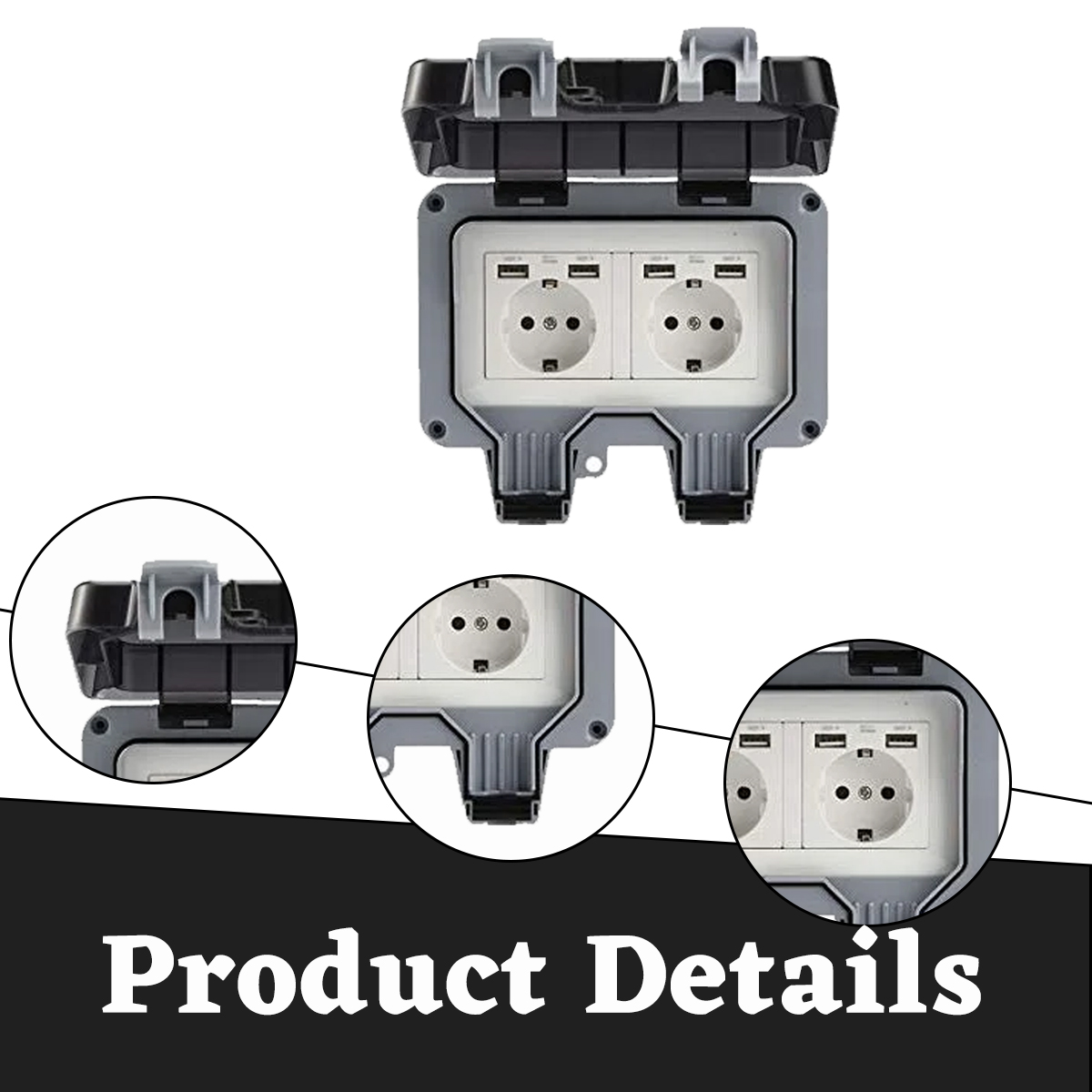 Eine Steckdose mit zwei Steckdosen und USB-Anschlüssen. Sie ist grau und schwarz, mit den Worten „Produktdetails“ unten.