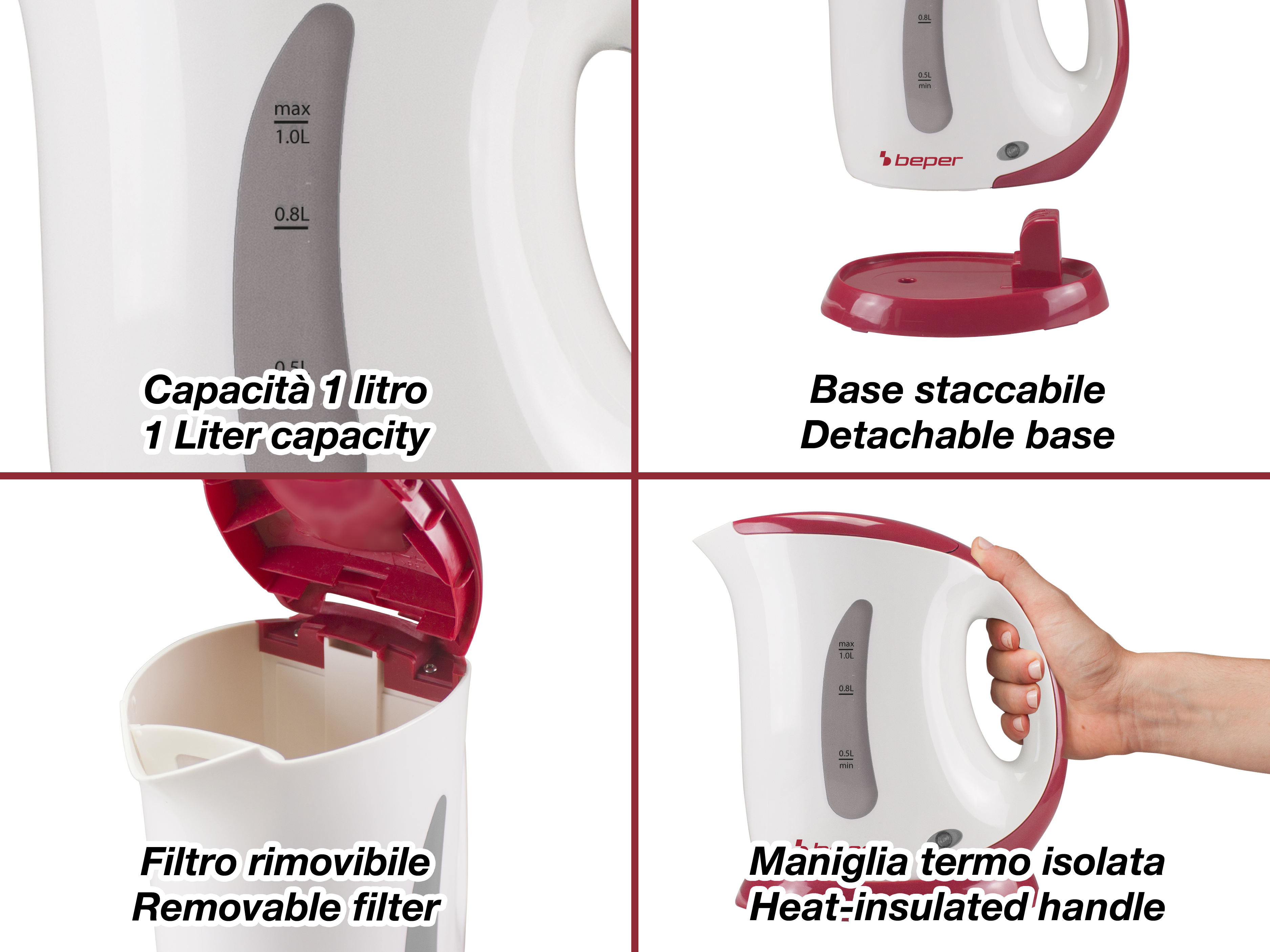 Parti di bollitore elettrico bianco e rosso: indicatore di capacità, base staccabile, filtro rimovibile, manico termoisolato.