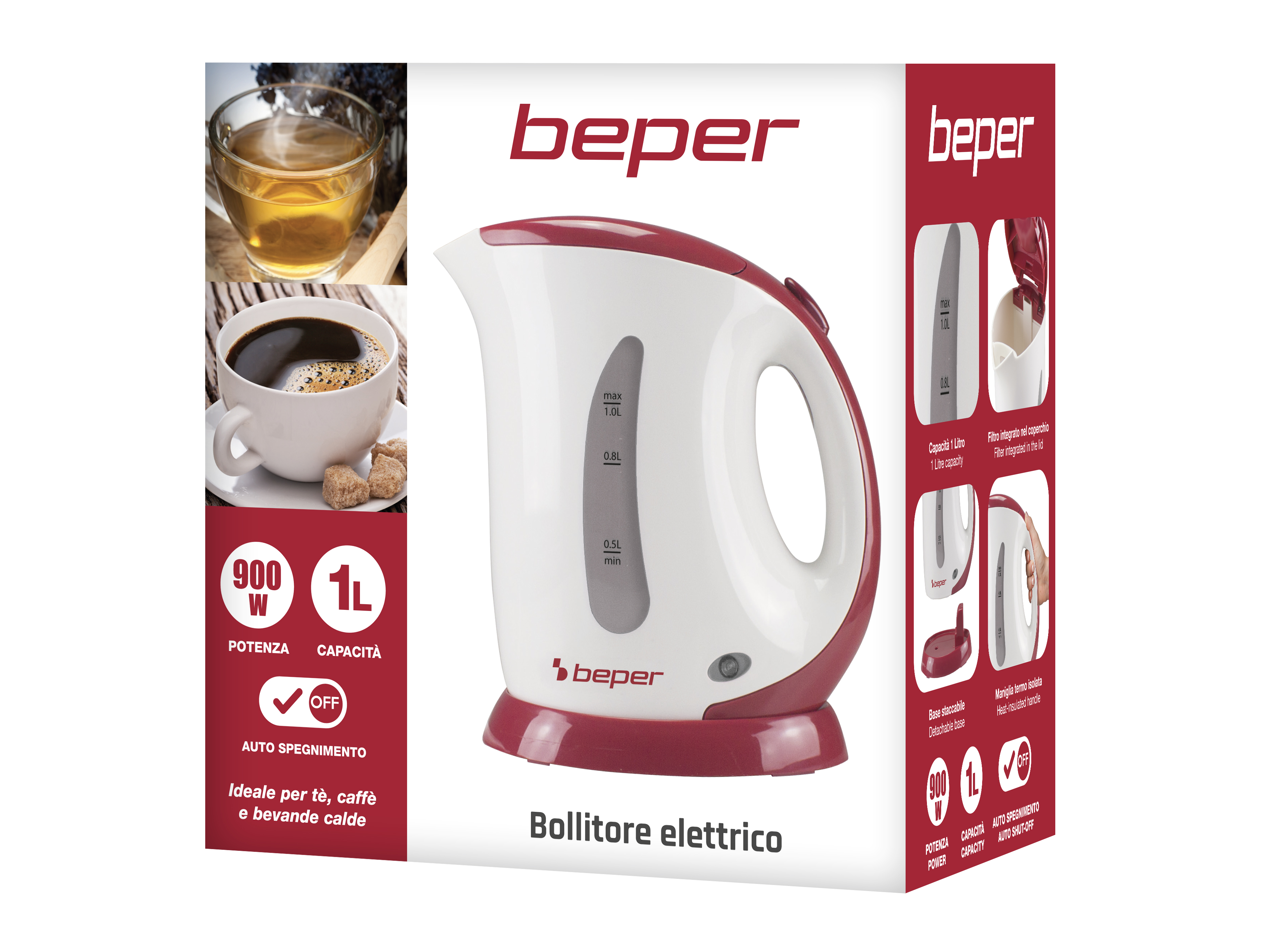 Un bollitore elettrico bianco e rosso. Ci sono immagini di tè e caffè, con specifiche e il logo Beper.