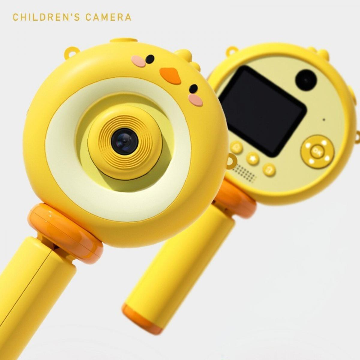 Zwei gelbe Kinderkameras in Form von Küken. Eine hat ein Objektiv, die andere einen Bildschirm und Knöpfe. Heller weißer Hintergrund.