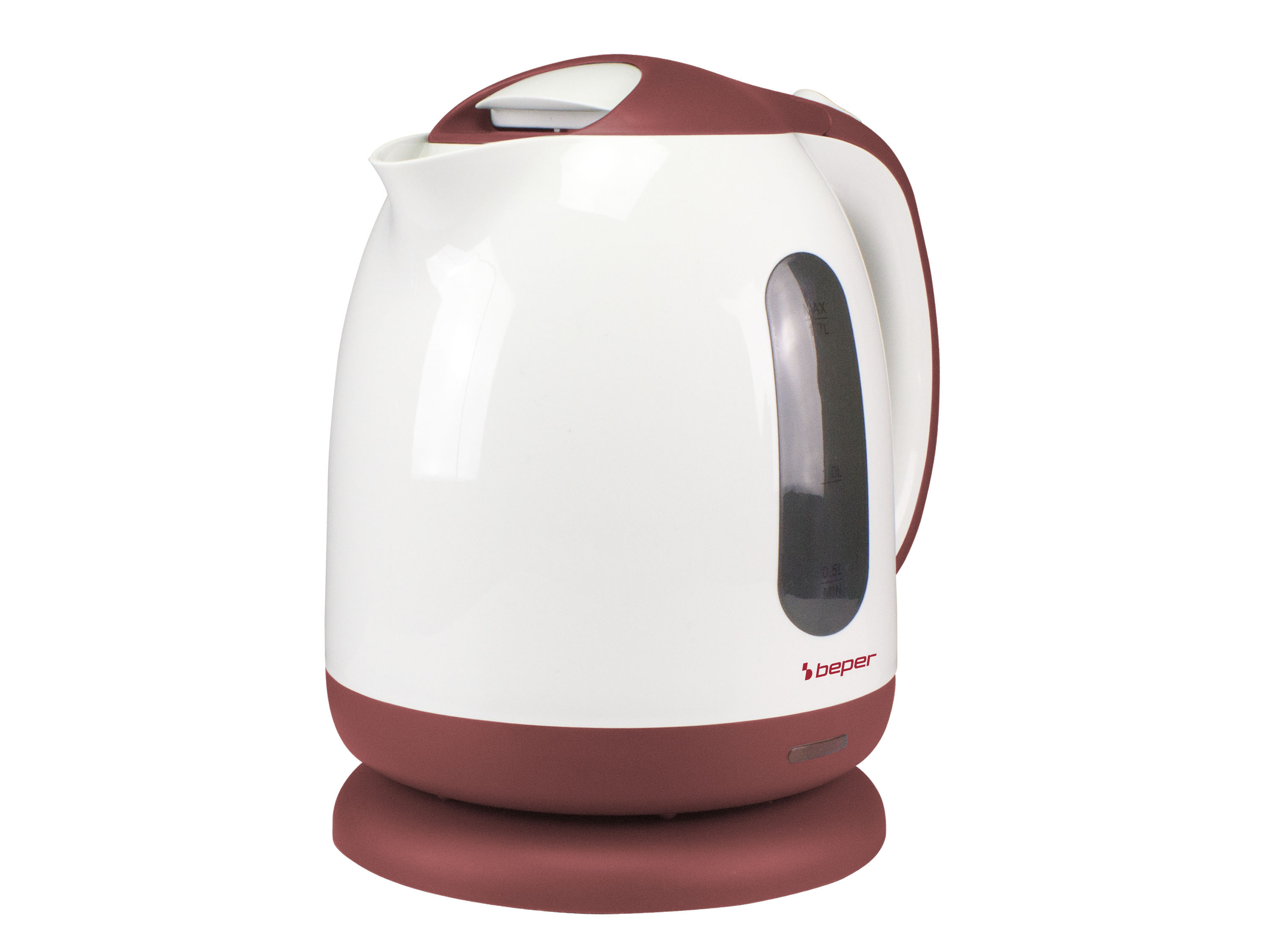 Bollitore elettrico bianco e bordeaux. Ha una maniglia e un indicatore del livello dell'acqua. Su sfondo bianco.