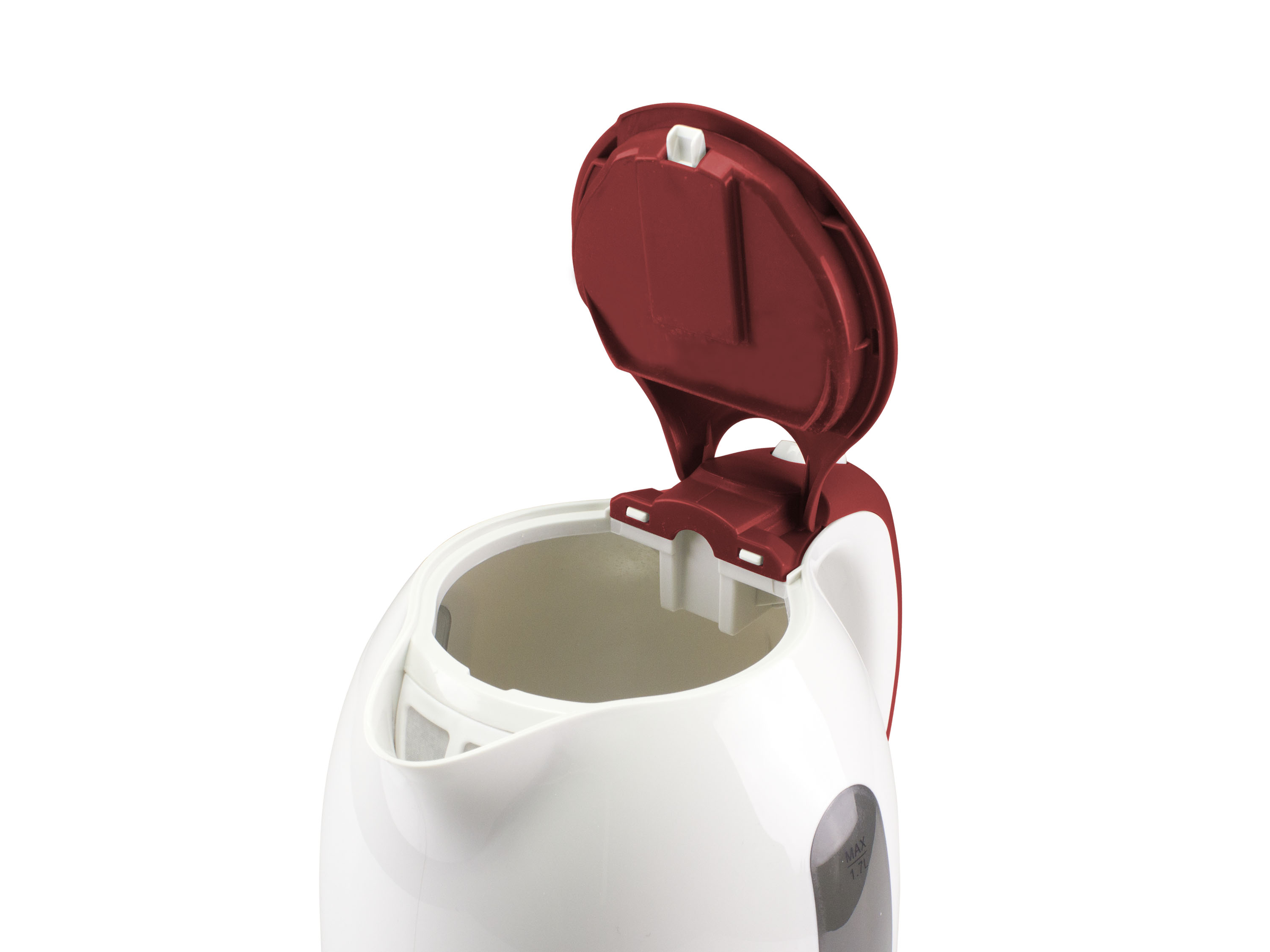 Un bollitore elettrico bianco con coperchio bordeaux aperto, che mostra l'interno. Il bollitore è su sfondo bianco.