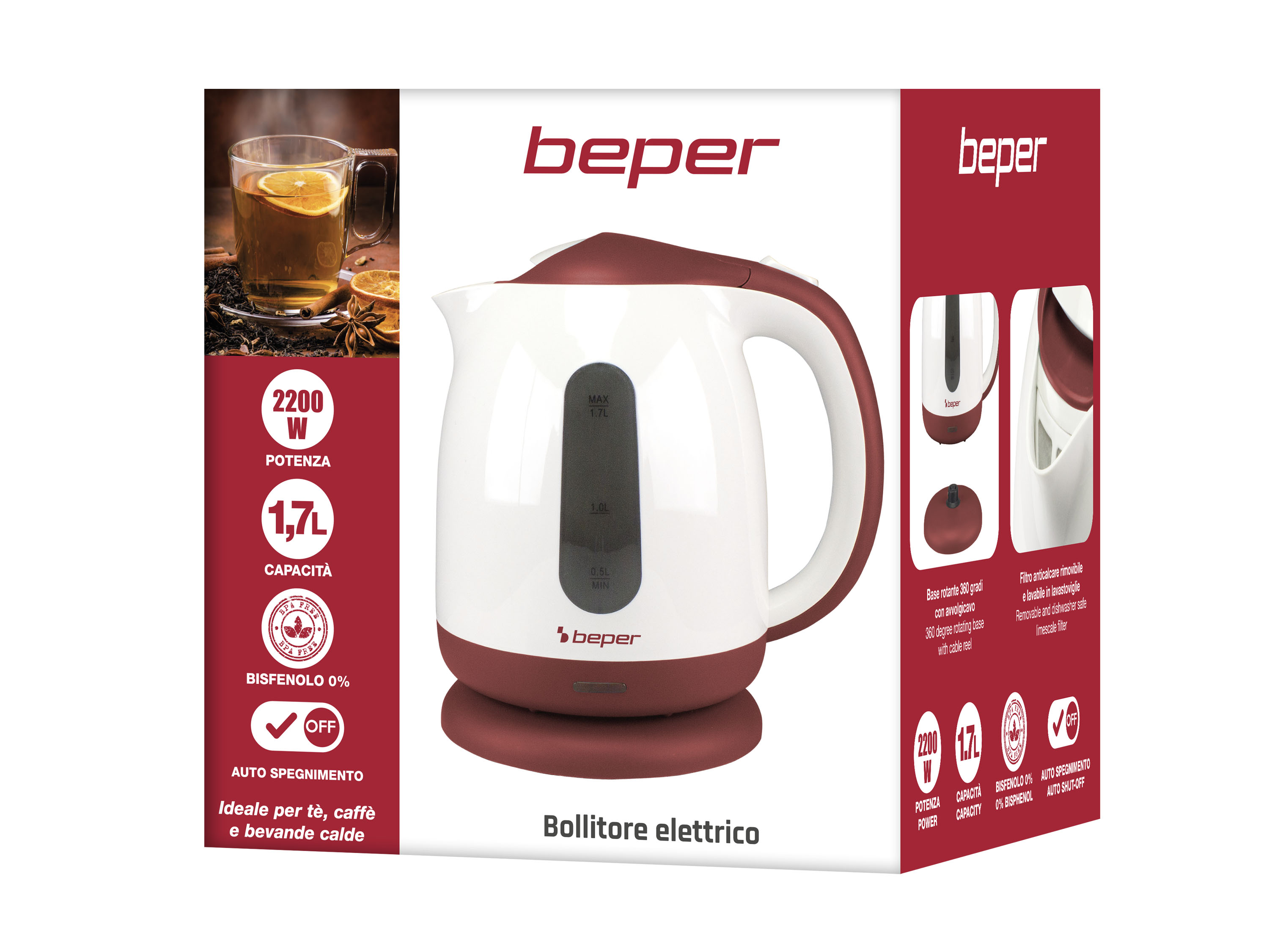 Bollitore elettrico bianco e amaranto con una tazza di tè. Il bollitore ha una capacità di 1,7L. Il marchio è 'beper'.