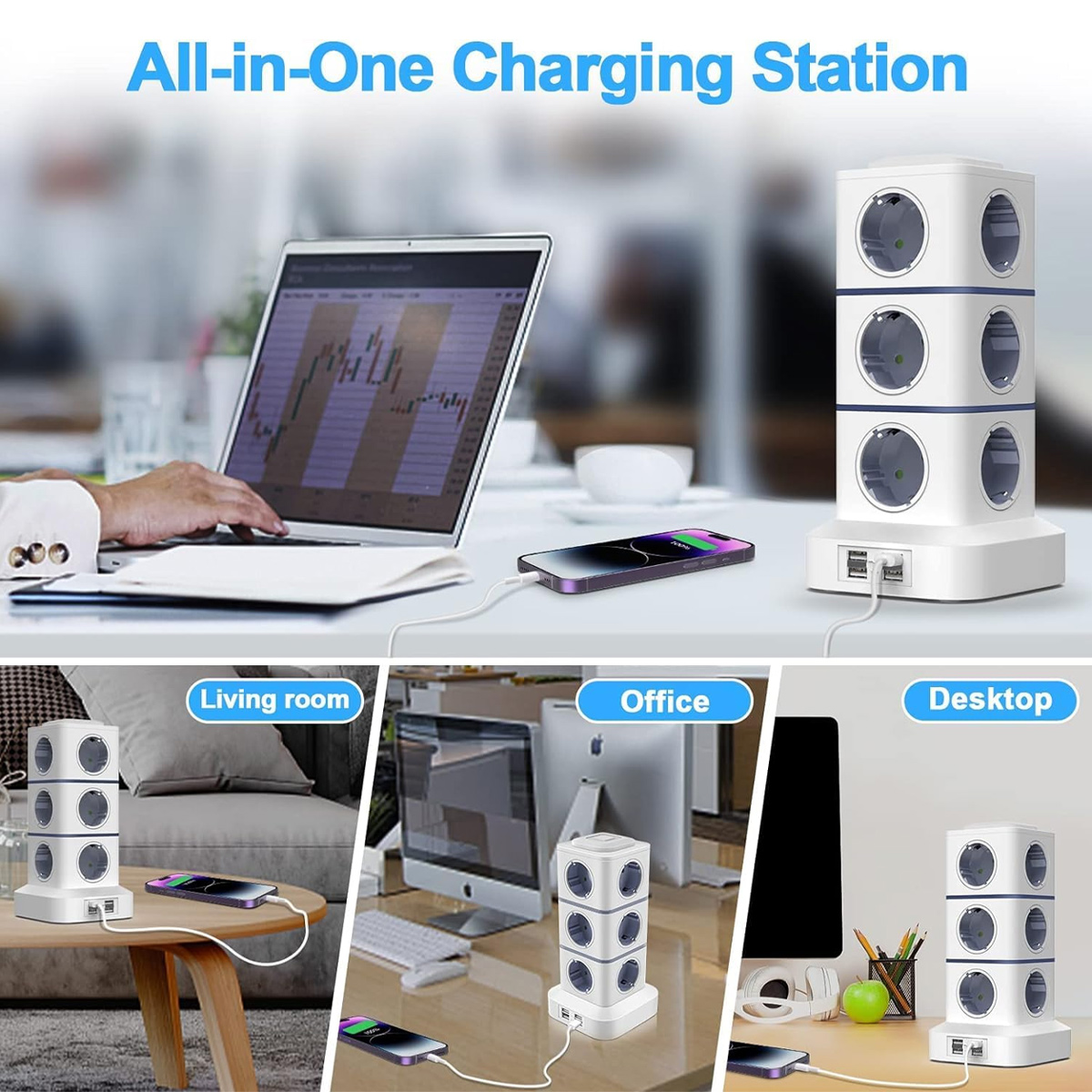 Eine All-in-One-Ladestation mit Laptop, Telefon und drei verschiedenen Szenen: Wohnzimmer, Büro und Desktop.