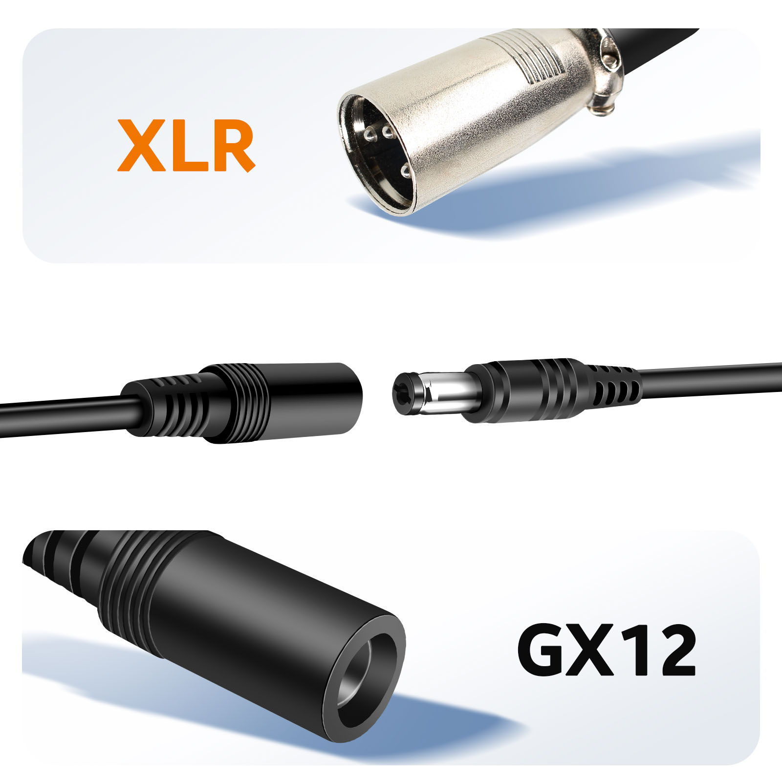 L'immagine mostra tre tipi di connettori: un XLR, un connettore di alimentazione CC e un connettore GX12, il tutto su sfondo bianco.