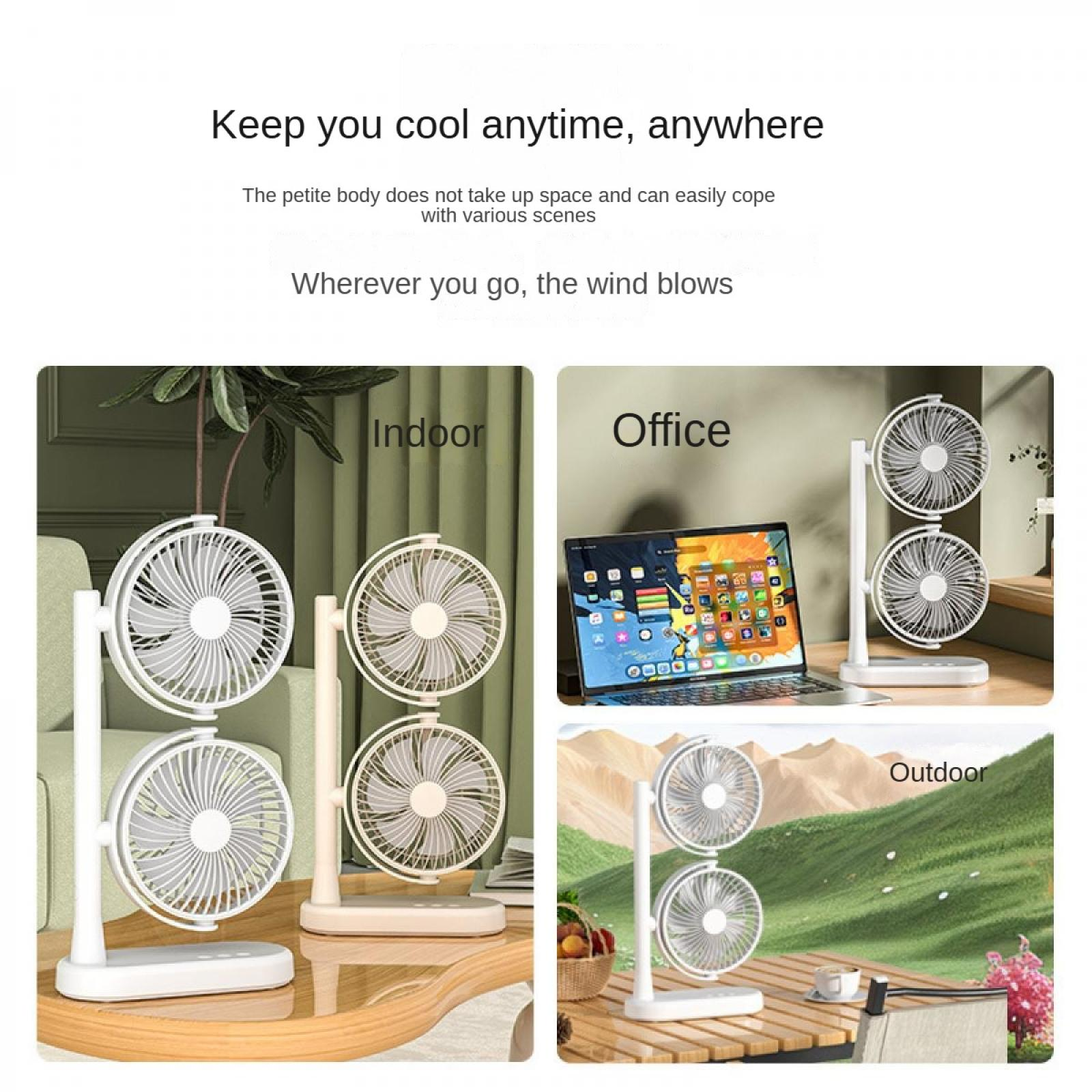 Das Bild zeigt tragbare Ventilatoren in Innen-, Büro- und Außenbereichen. Jeder Ventilator hat zwei rotierende Flügel.