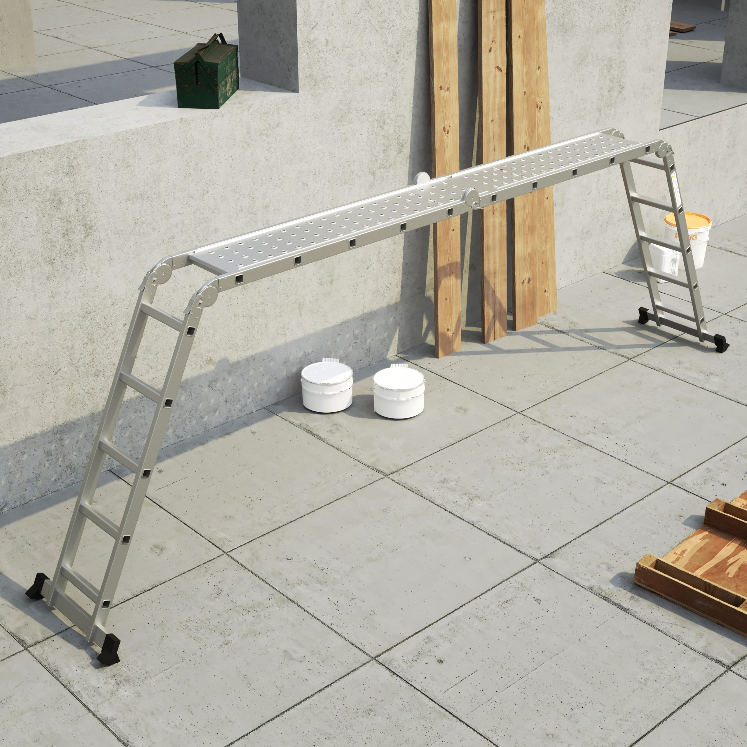A metal work platform ladder is set up. There is a toolbox, wood planks, two white buckets, and a pallet.